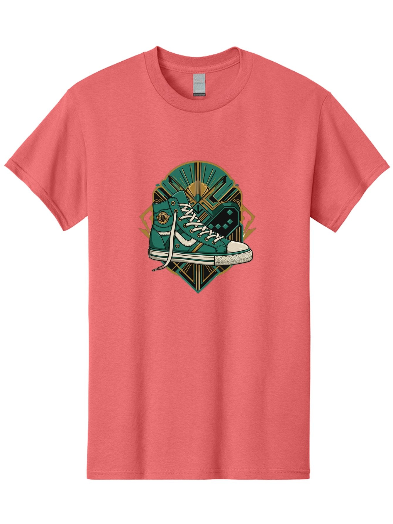 Teal-Sneakers Men'S Graphic Tee, 100% Cotton, Comfortable Casual Summer Wear, Machine Washable, Teal Sneakers, Art Deco Design, Gold Accents, White Laces, Stylish Footwear, Vintage Fashion, Retro Style, Classic Kicks, Fashion Statement Bab523 14
