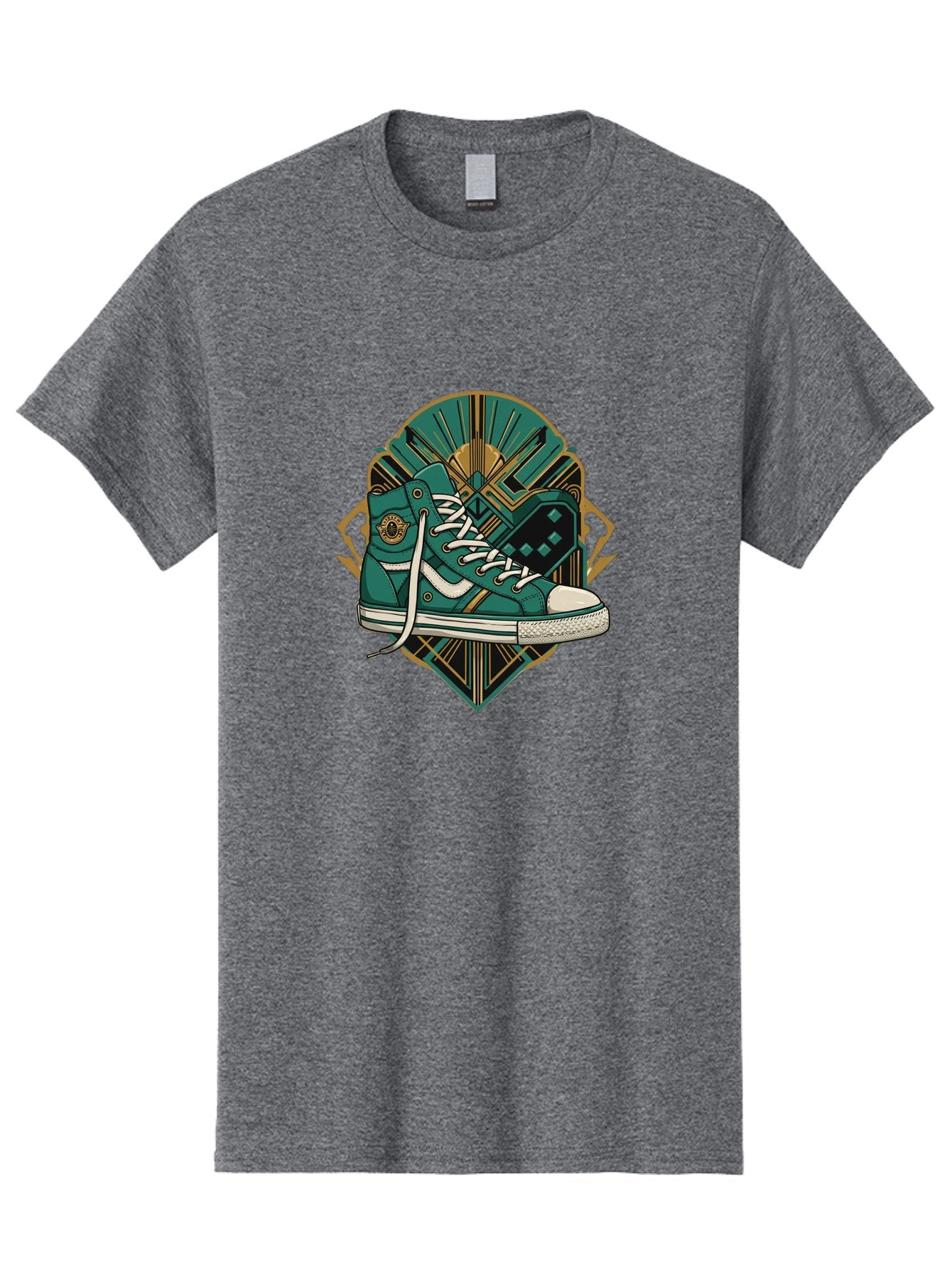 Teal-Sneakers Men'S Graphic Tee, 100% Cotton, Comfortable Casual Summer Wear, Machine Washable, Teal Sneakers, Art Deco Design, Gold Accents, White Laces, Stylish Footwear, Vintage Fashion, Retro Style, Classic Kicks, Fashion Statement Bab523