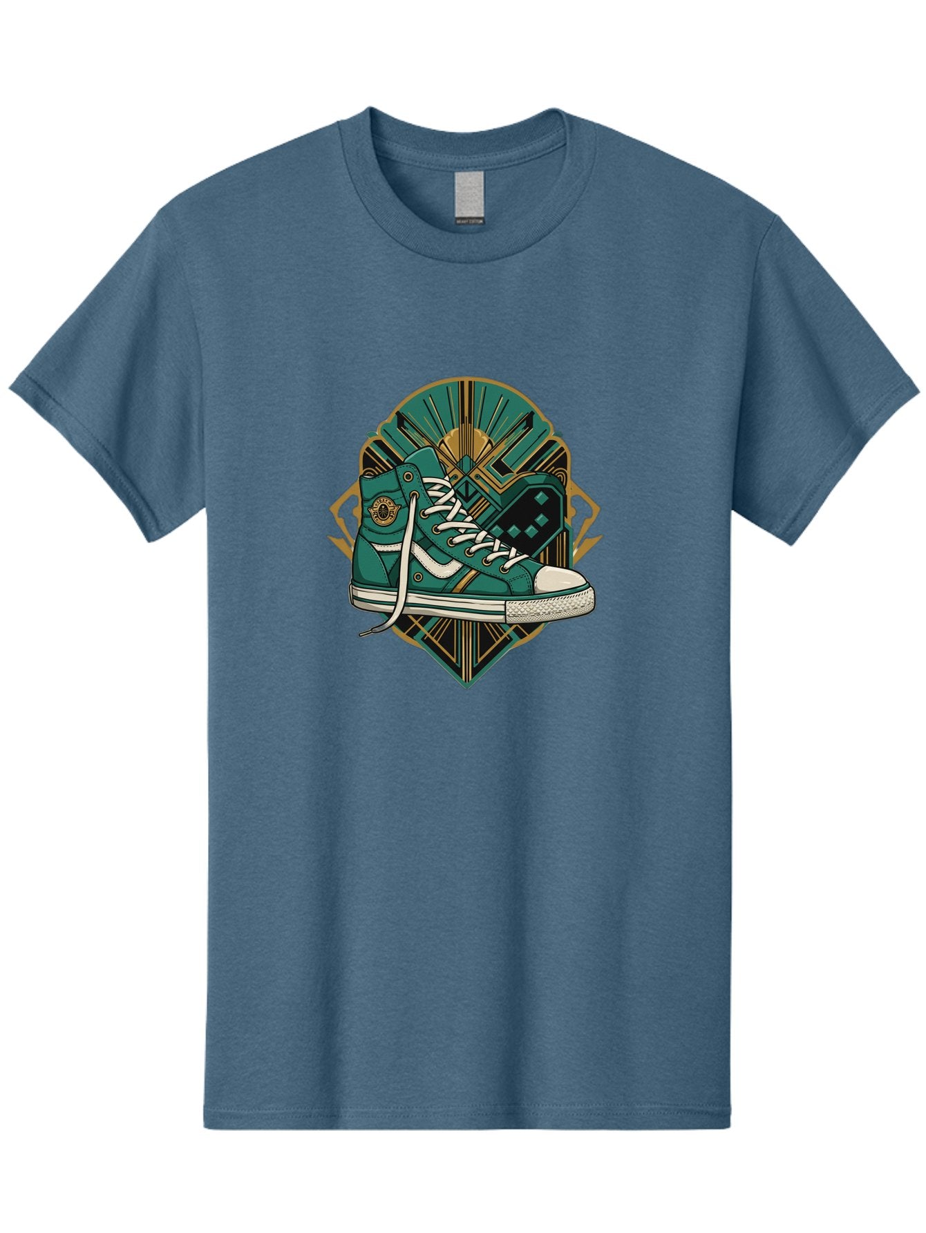 Teal-Sneakers Men'S Graphic Tee, 100% Cotton, Comfortable Casual Summer Wear, Machine Washable, Teal Sneakers, Art Deco Design, Gold Accents, White Laces, Stylish Footwear, Vintage Fashion, Retro Style, Classic Kicks, Fashion Statement Bab523 5