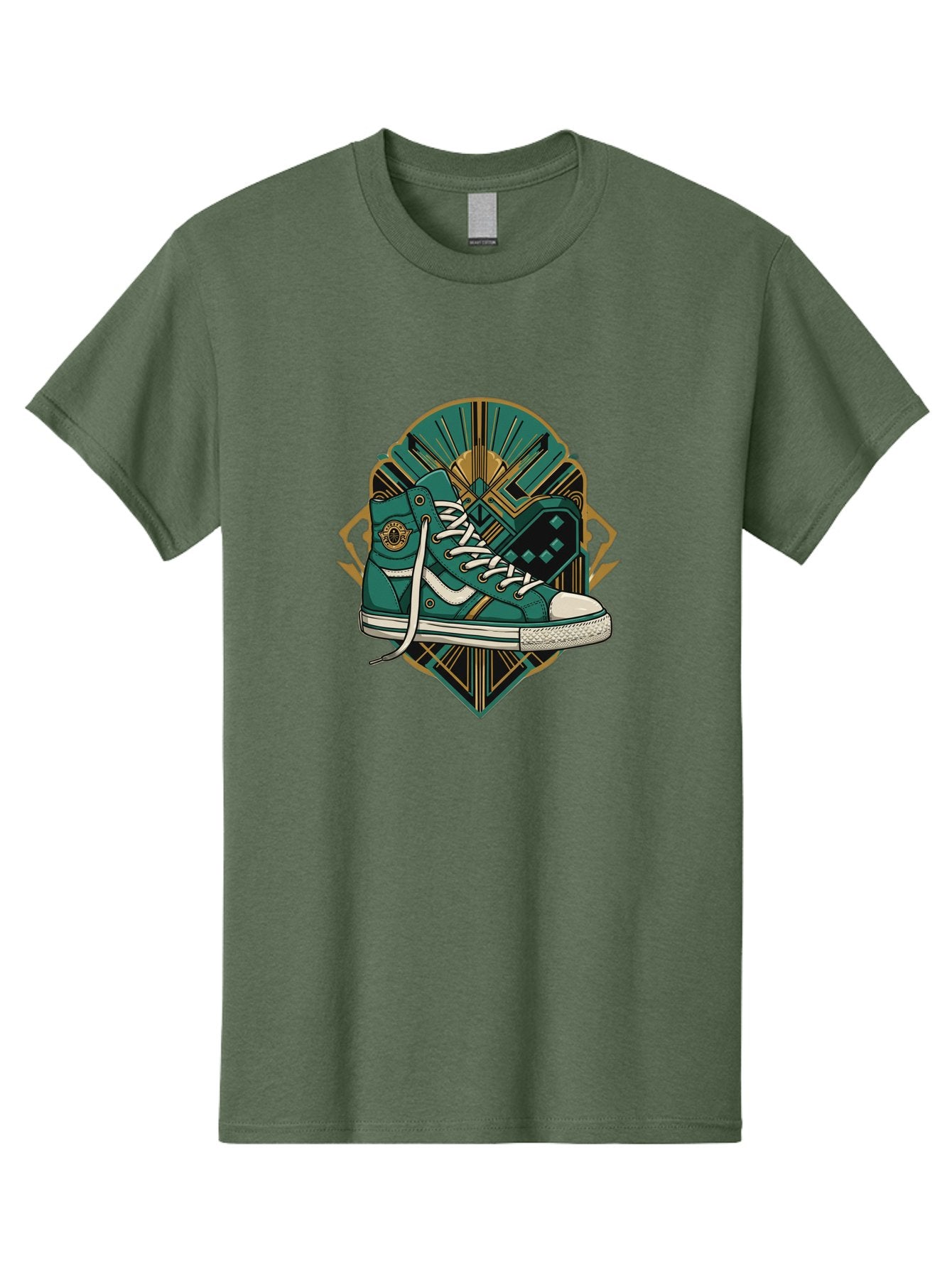 Teal-Sneakers Men'S Graphic Tee, 100% Cotton, Comfortable Casual Summer Wear, Machine Washable, Teal Sneakers, Art Deco Design, Gold Accents, White Laces, Stylish Footwear, Vintage Fashion, Retro Style, Classic Kicks, Fashion Statement Bab523 12