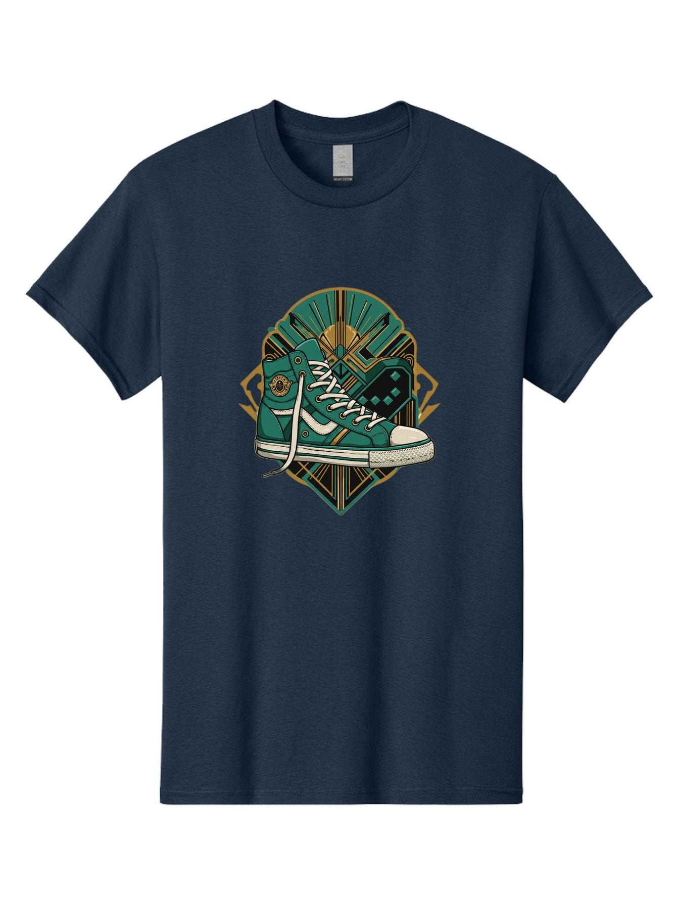 Teal-Sneakers Men'S Graphic Tee, 100% Cotton, Comfortable Casual Summer Wear, Machine Washable, Teal Sneakers, Art Deco Design, Gold Accents, White Laces, Stylish Footwear, Vintage Fashion, Retro Style, Classic Kicks, Fashion Statement Bab523 10