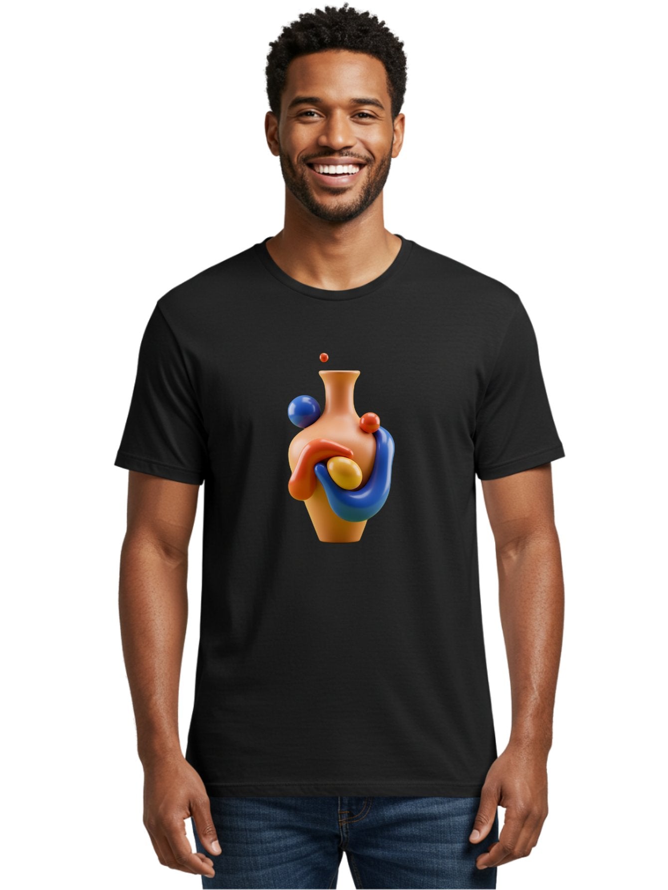 Terracotta-Vase Men'S Graphic Tee, 100% Cotton, Comfortable Casual Summer Wear, Machine Washable, 3D Illustration, Abstract Art, Colorful Vase, Flowing Shapes, Creative Design, Modern Decoration, Artistic Expression, Unique Sculpture Bab527 25