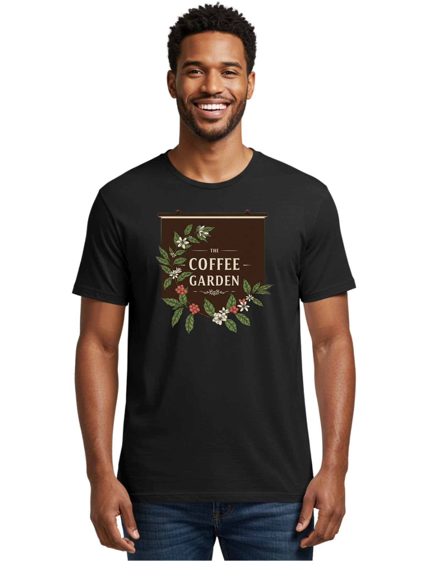 The-Coffee-Garden Men'S Graphic Tee, 100% Cotton, Comfortable Casual Summer Wear, Machine Washable, Coffee Shop Signage, Floral Designs, Vintage Typography, Coffee Culture, Garden Theme, Rustic Charm, Coffeehouse Decor, Inviting Atmosphere, Bab529 23