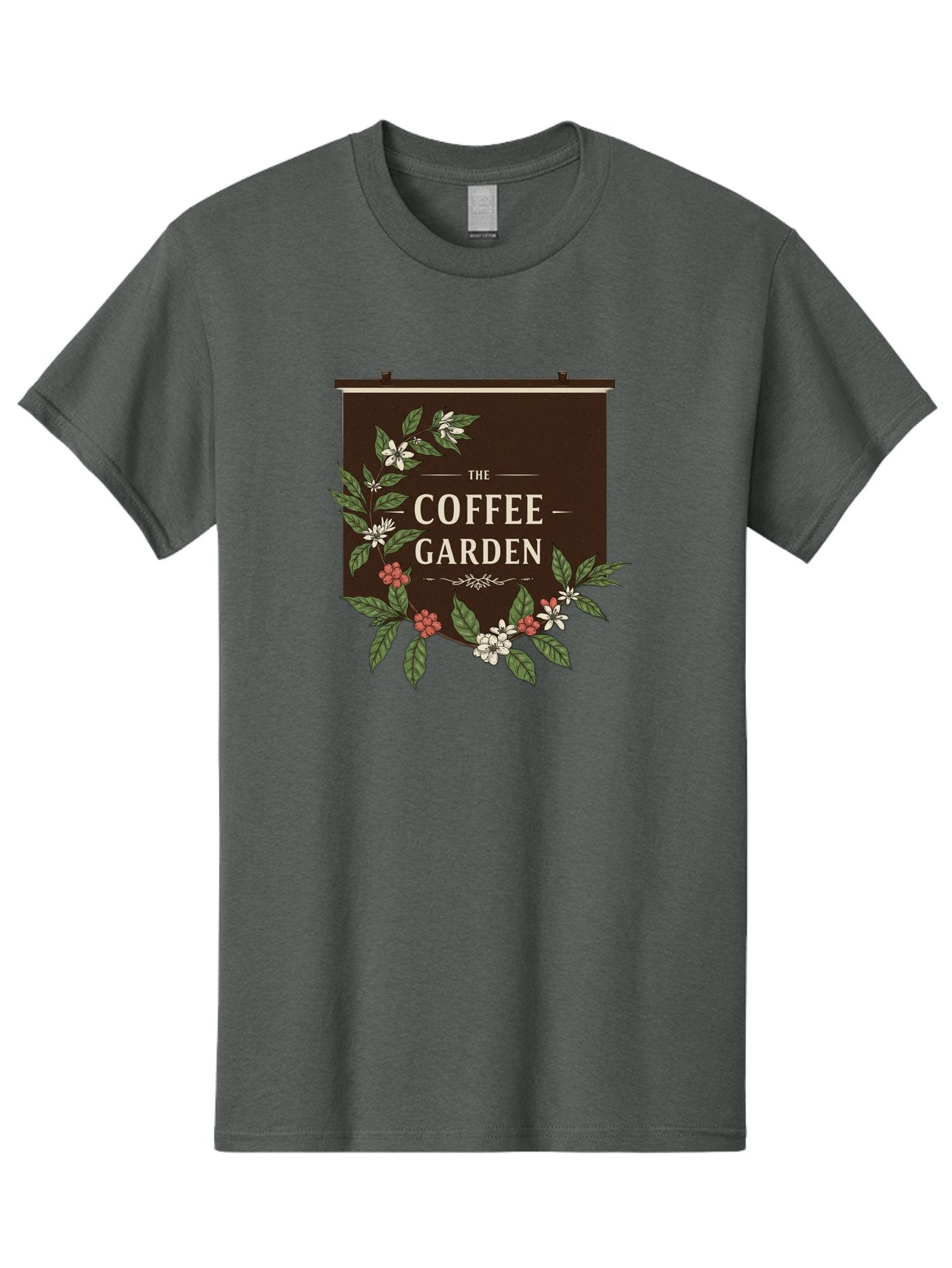 The-Coffee-Garden Men'S Graphic Tee, 100% Cotton, Comfortable Casual Summer Wear, Machine Washable, Coffee Shop Signage, Floral Designs, Vintage Typography, Coffee Culture, Garden Theme, Rustic Charm, Coffeehouse Decor, Inviting Atmosphere, Bab529 8