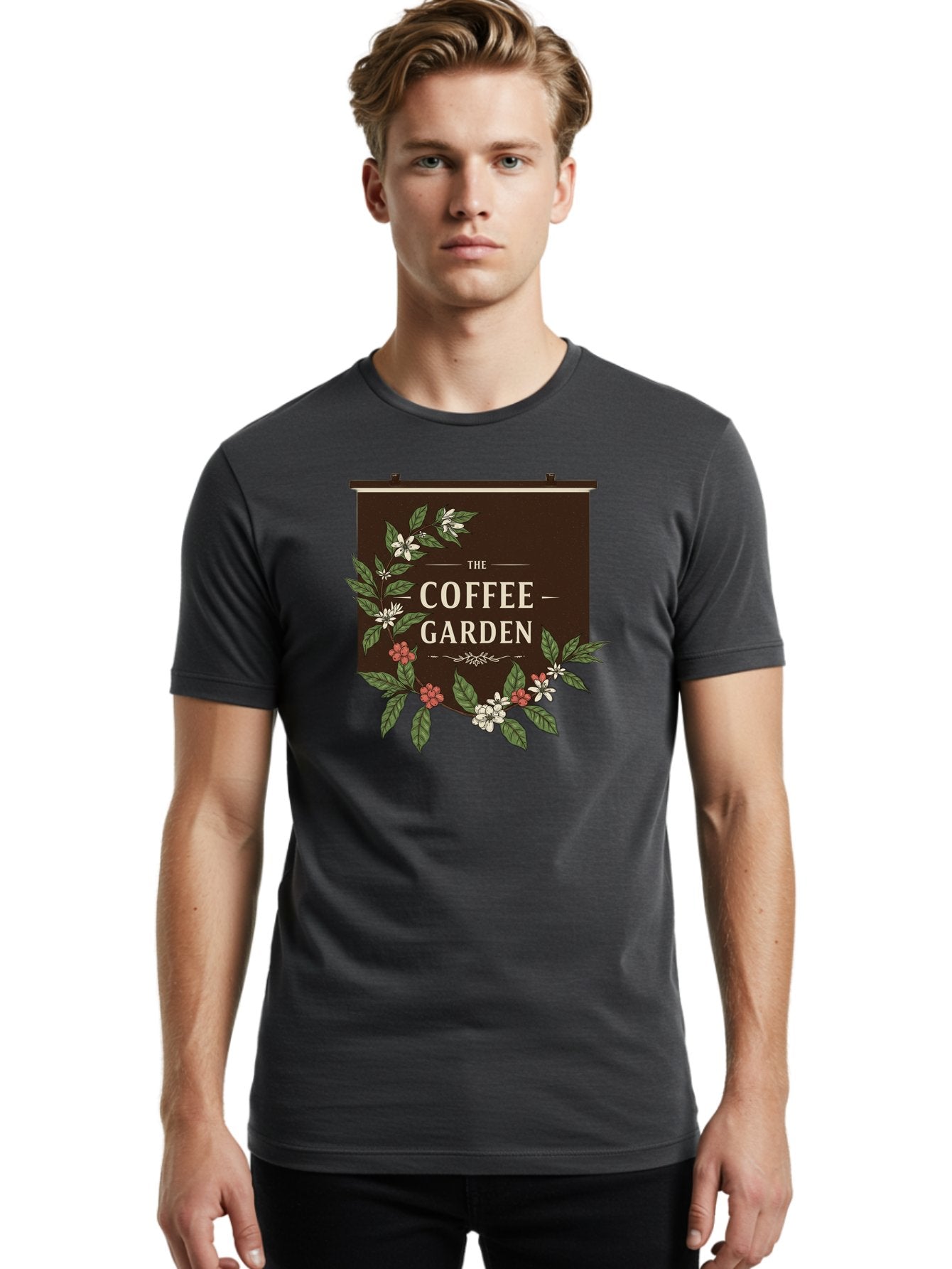 The-Coffee-Garden Men'S Graphic Tee, 100% Cotton, Comfortable Casual Summer Wear, Machine Washable, Coffee Shop Signage, Floral Designs, Vintage Typography, Coffee Culture, Garden Theme, Rustic Charm, Coffeehouse Decor, Inviting Atmosphere, Bab529 20