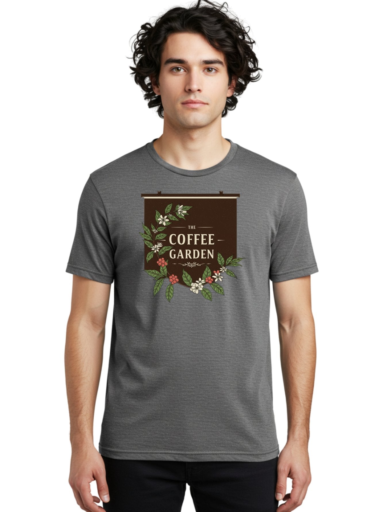 The-Coffee-Garden Men'S Graphic Tee, 100% Cotton, Comfortable Casual Summer Wear, Machine Washable, Coffee Shop Signage, Floral Designs, Vintage Typography, Coffee Culture, Garden Theme, Rustic Charm, Coffeehouse Decor, Inviting Atmosphere, Bab529 29