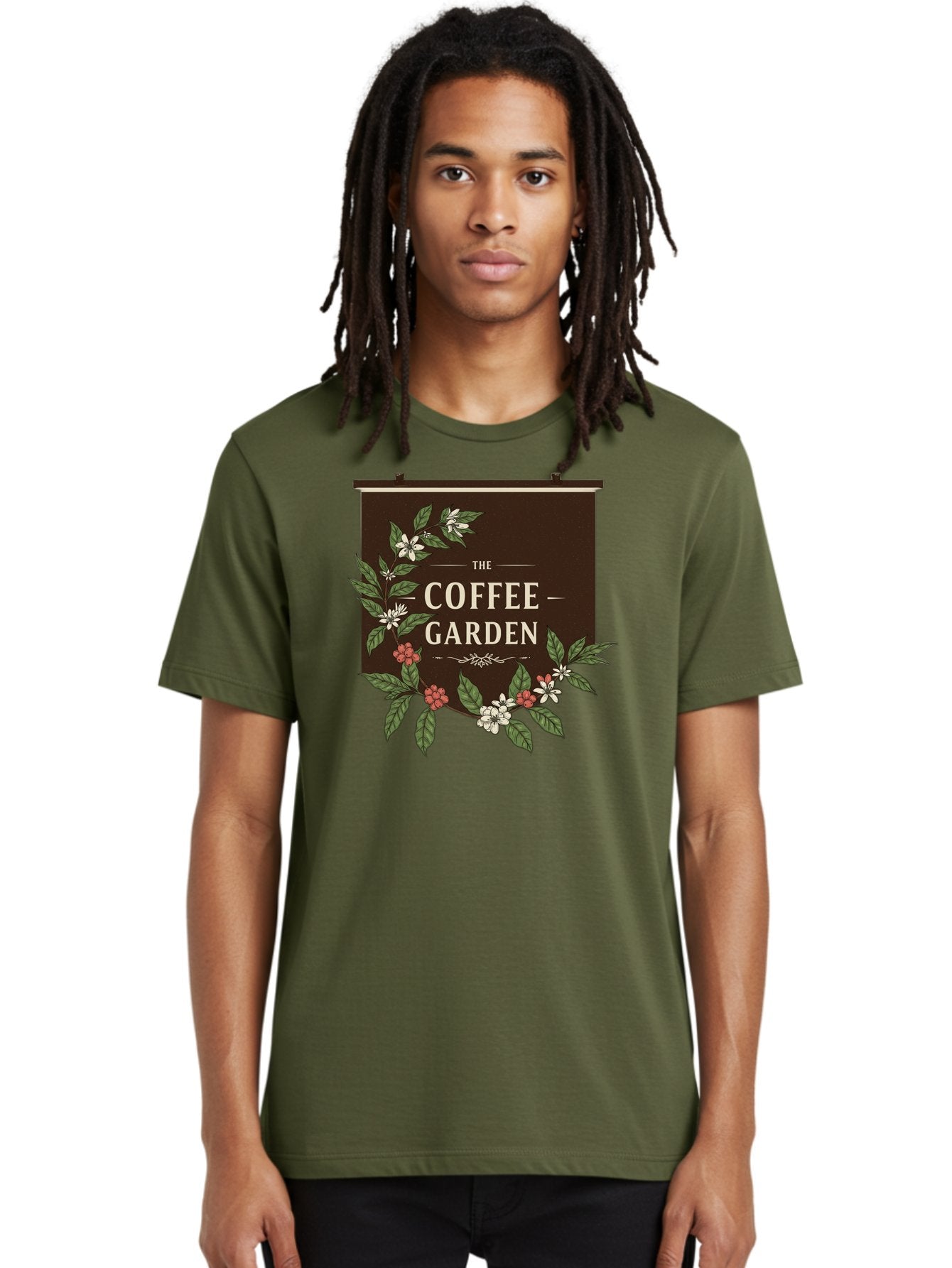 The-Coffee-Garden Men'S Graphic Tee, 100% Cotton, Comfortable Casual Summer Wear, Machine Washable, Coffee Shop Signage, Floral Designs, Vintage Typography, Coffee Culture, Garden Theme, Rustic Charm, Coffeehouse Decor, Inviting Atmosphere, Bab529 24