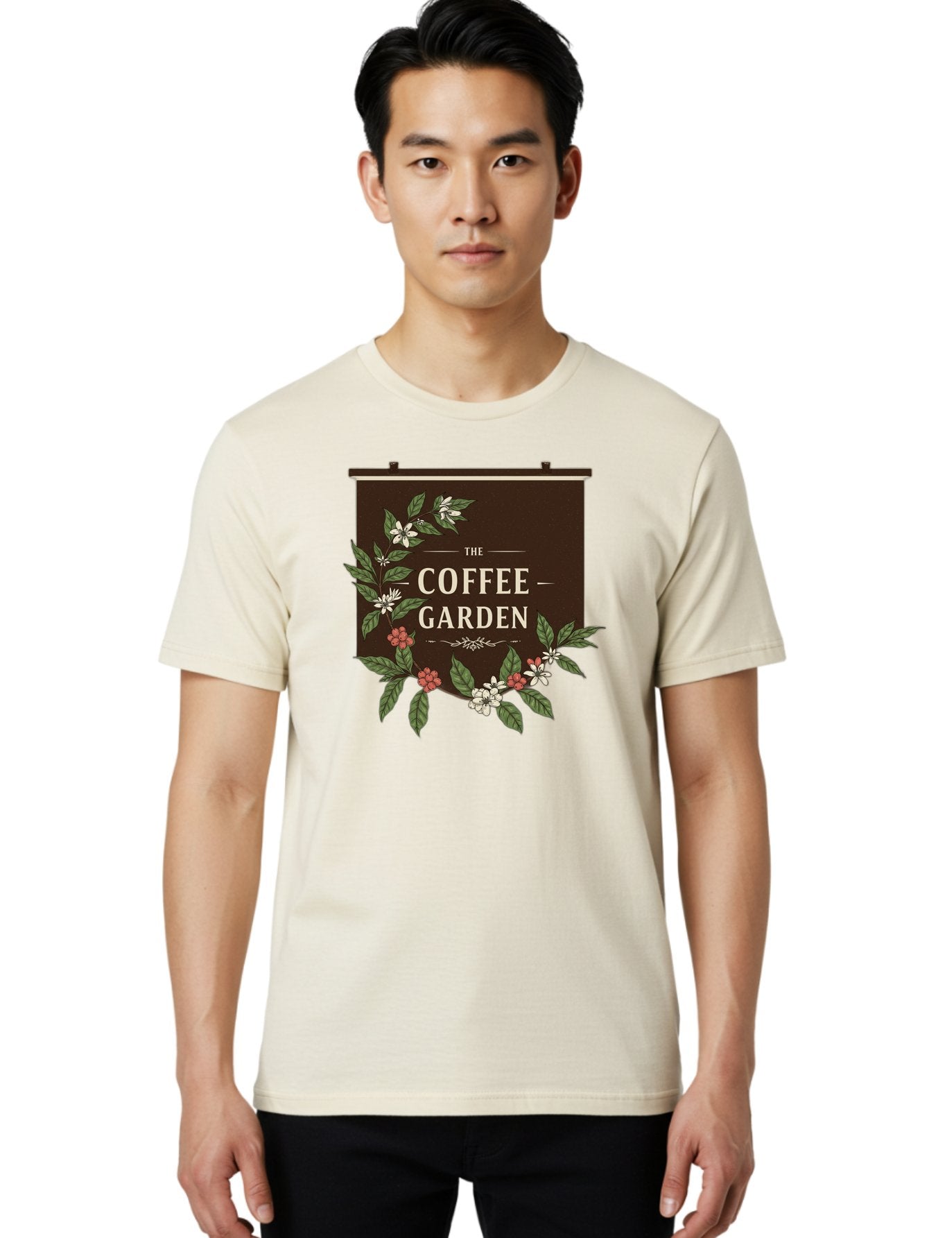 The-Coffee-Garden Men'S Graphic Tee, 100% Cotton, Comfortable Casual Summer Wear, Machine Washable, Coffee Shop Signage, Floral Designs, Vintage Typography, Coffee Culture, Garden Theme, Rustic Charm, Coffeehouse Decor, Inviting Atmosphere, Bab529 19