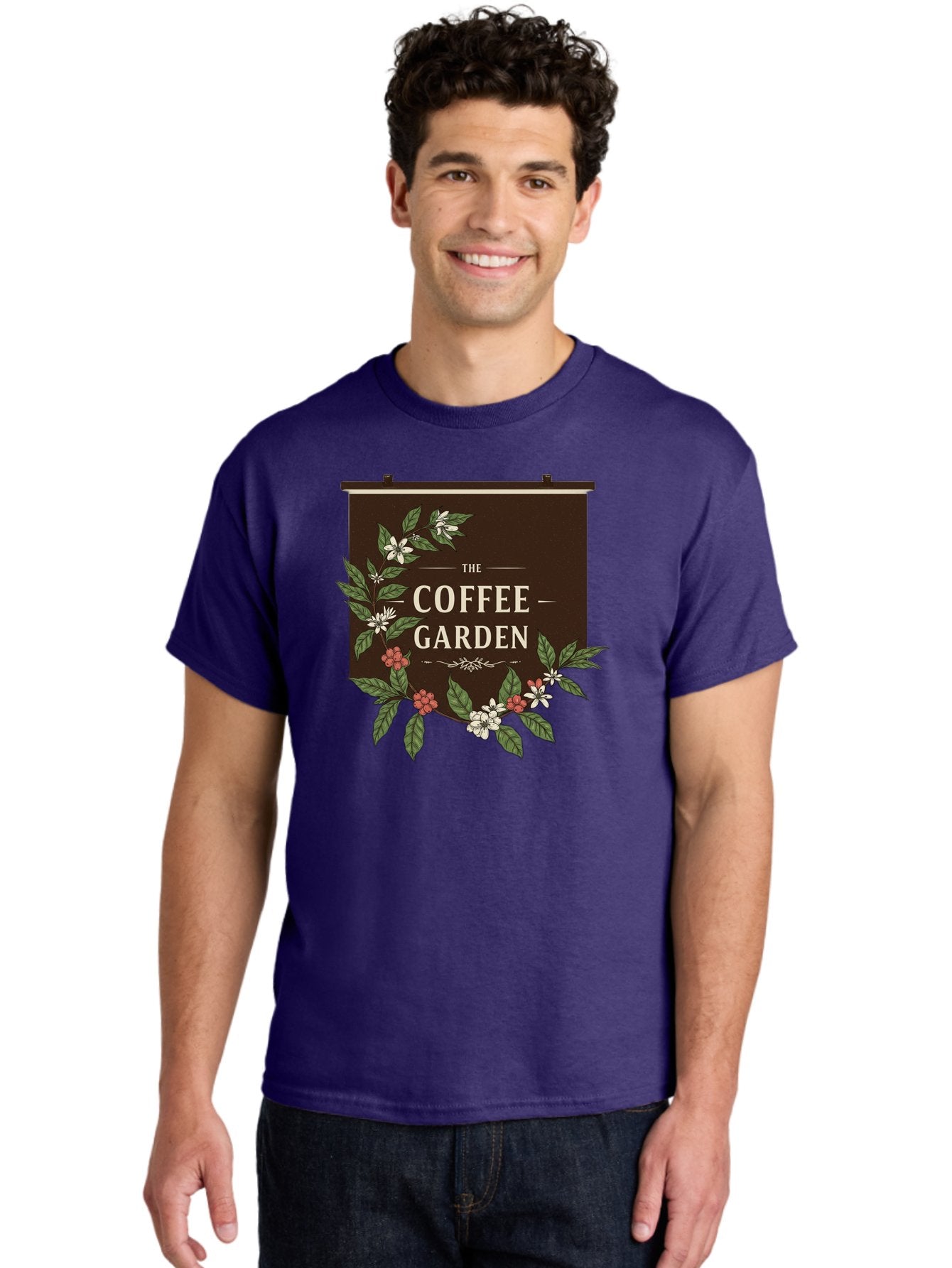The-Coffee-Garden Men'S Graphic Tee, 100% Cotton, Comfortable Casual Summer Wear, Machine Washable, Coffee Shop Signage, Floral Designs, Vintage Typography, Coffee Culture, Garden Theme, Rustic Charm, Coffeehouse Decor, Inviting Atmosphere, Bab529 30