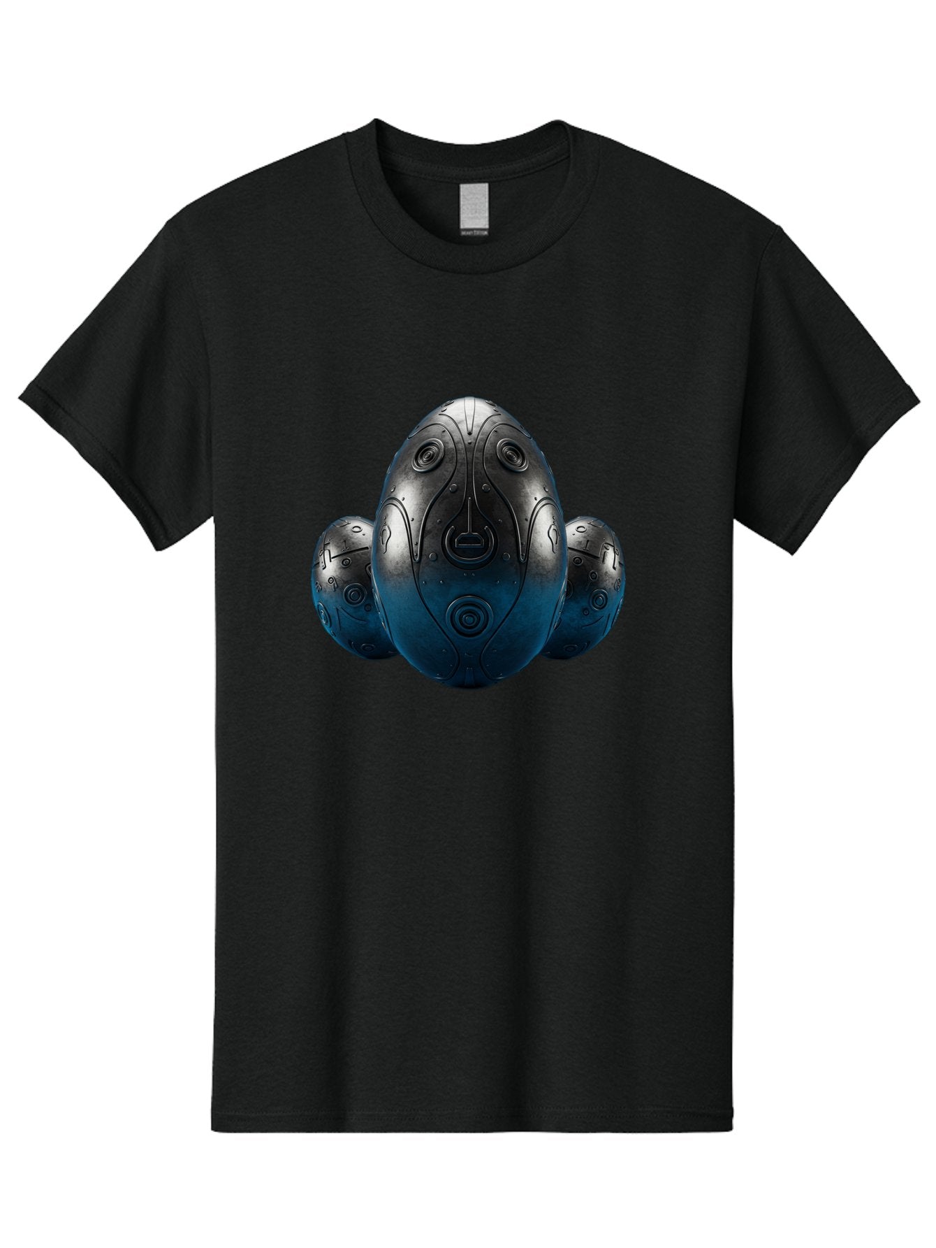 Three-Black-Eggs Men'S Graphic Tee, 100% Cotton, Comfortable Casual Summer Wear, Machine Washable, Futuristic Egg-Shaped Objects, Metallic Surface, Sci-Fi Elements, Egg Designs, Abstract Shapes, Digital Art, Robotic Features Bab531