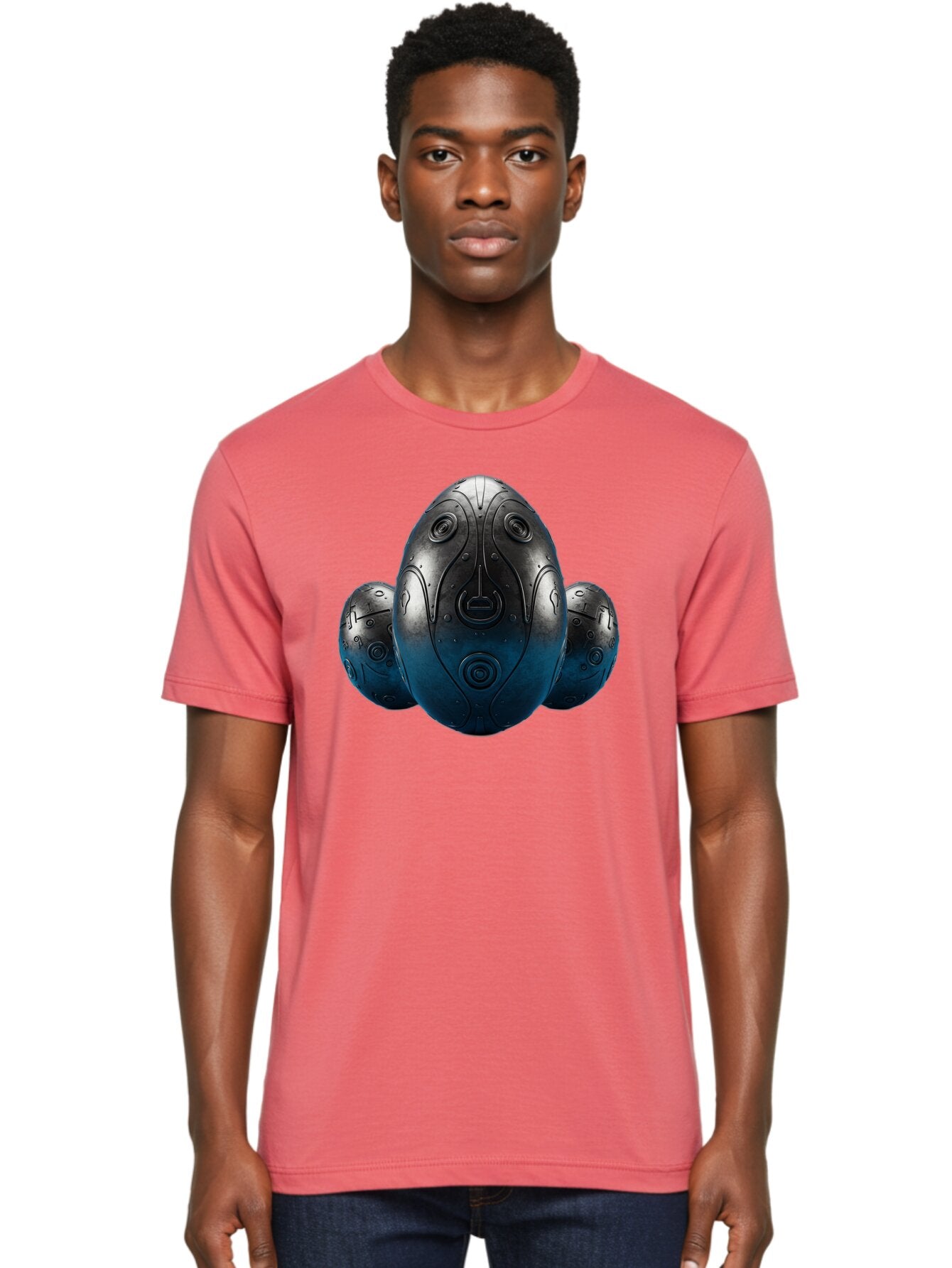 Three-Black-Eggs Men'S Graphic Tee, 100% Cotton, Comfortable Casual Summer Wear, Machine Washable, Futuristic Egg-Shaped Objects, Metallic Surface, Sci-Fi Elements, Egg Designs, Abstract Shapes, Digital Art, Robotic Features Bab531 23