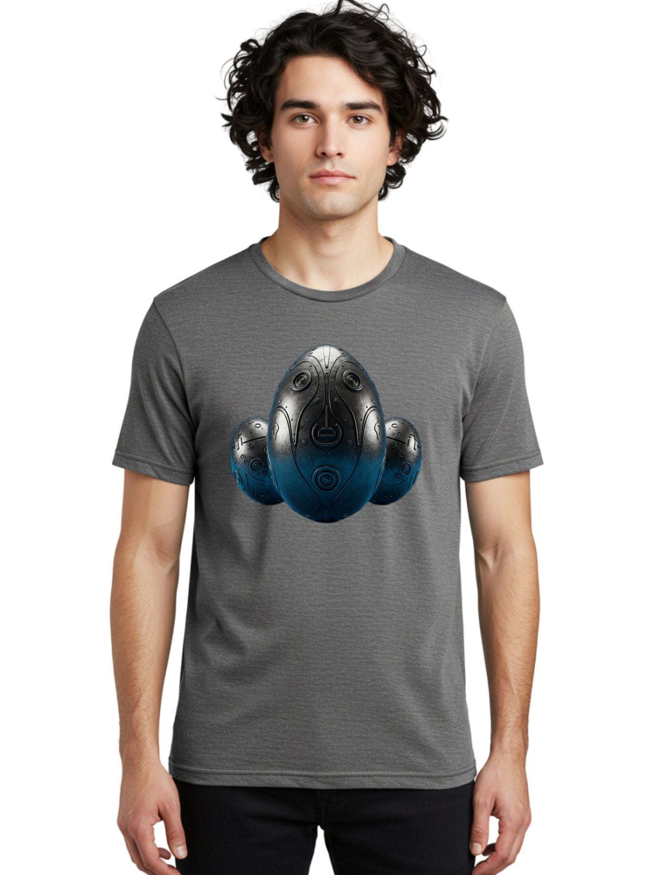 Three-Black-Eggs Men'S Graphic Tee, 100% Cotton, Comfortable Casual Summer Wear, Machine Washable, Futuristic Egg-Shaped Objects, Metallic Surface, Sci-Fi Elements, Egg Designs, Abstract Shapes, Digital Art, Robotic Features Bab531 28