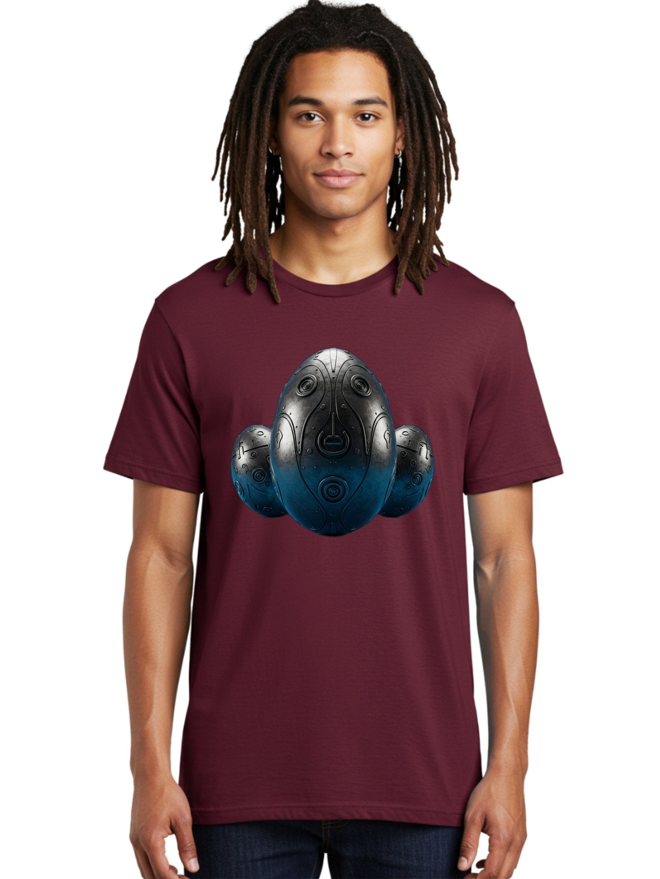 Three-Black-Eggs Men'S Graphic Tee, 100% Cotton, Comfortable Casual Summer Wear, Machine Washable, Futuristic Egg-Shaped Objects, Metallic Surface, Sci-Fi Elements, Egg Designs, Abstract Shapes, Digital Art, Robotic Features Bab531 26