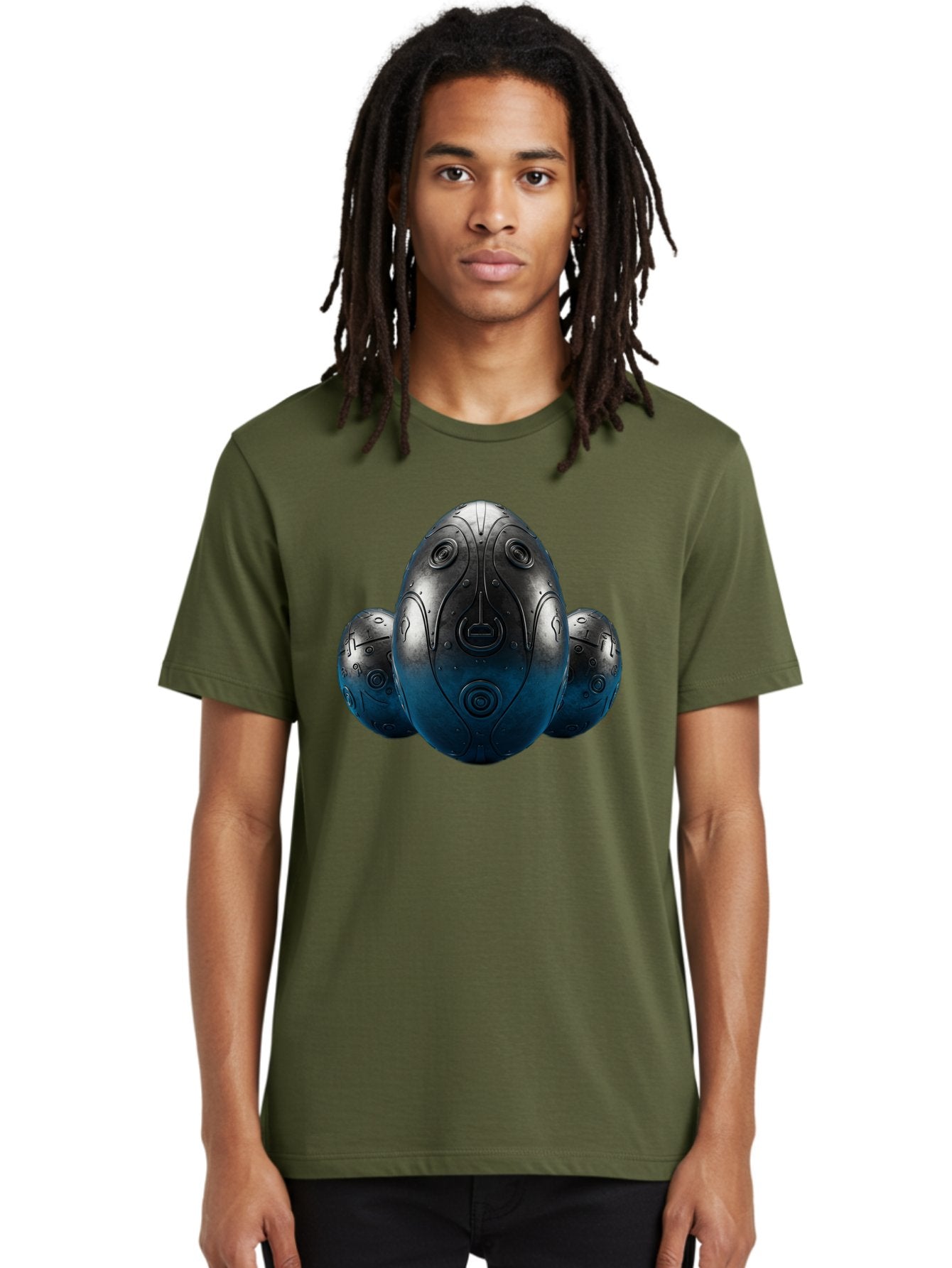 Three-Black-Eggs Men'S Graphic Tee, 100% Cotton, Comfortable Casual Summer Wear, Machine Washable, Futuristic Egg-Shaped Objects, Metallic Surface, Sci-Fi Elements, Egg Designs, Abstract Shapes, Digital Art, Robotic Features Bab531 20