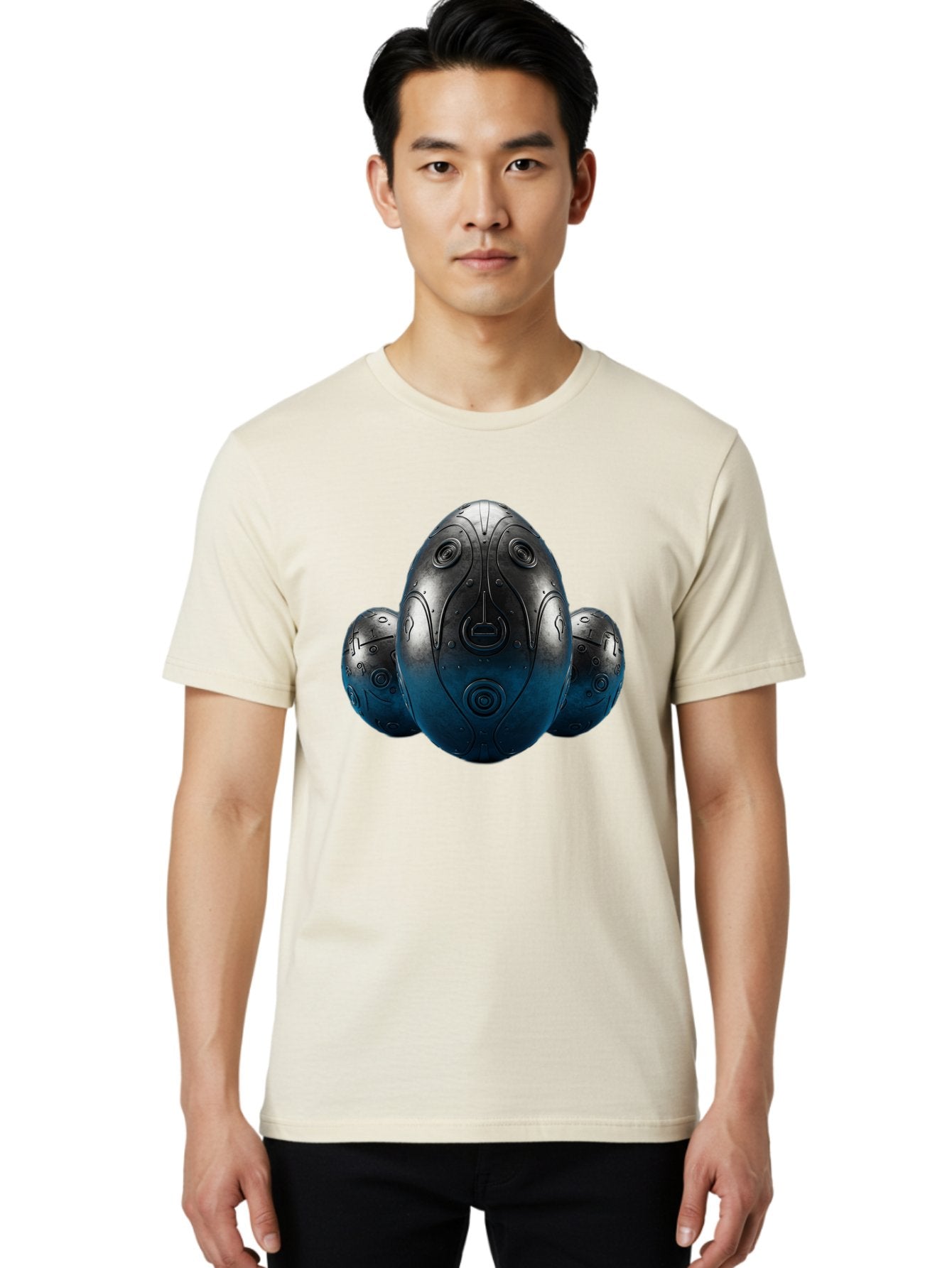 Three-Black-Eggs Men'S Graphic Tee, 100% Cotton, Comfortable Casual Summer Wear, Machine Washable, Futuristic Egg-Shaped Objects, Metallic Surface, Sci-Fi Elements, Egg Designs, Abstract Shapes, Digital Art, Robotic Features Bab531 27
