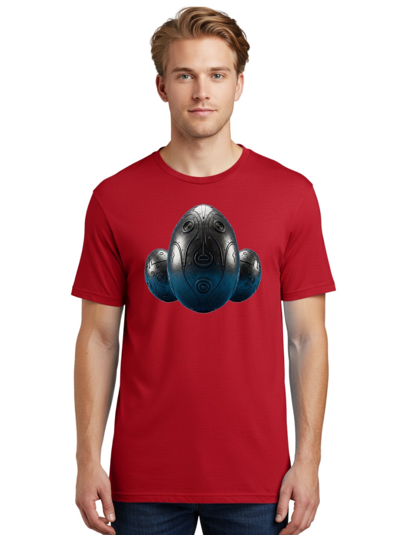 Three-Black-Eggs Men'S Graphic Tee, 100% Cotton, Comfortable Casual Summer Wear, Machine Washable, Futuristic Egg-Shaped Objects, Metallic Surface, Sci-Fi Elements, Egg Designs, Abstract Shapes, Digital Art, Robotic Features Bab531 17
