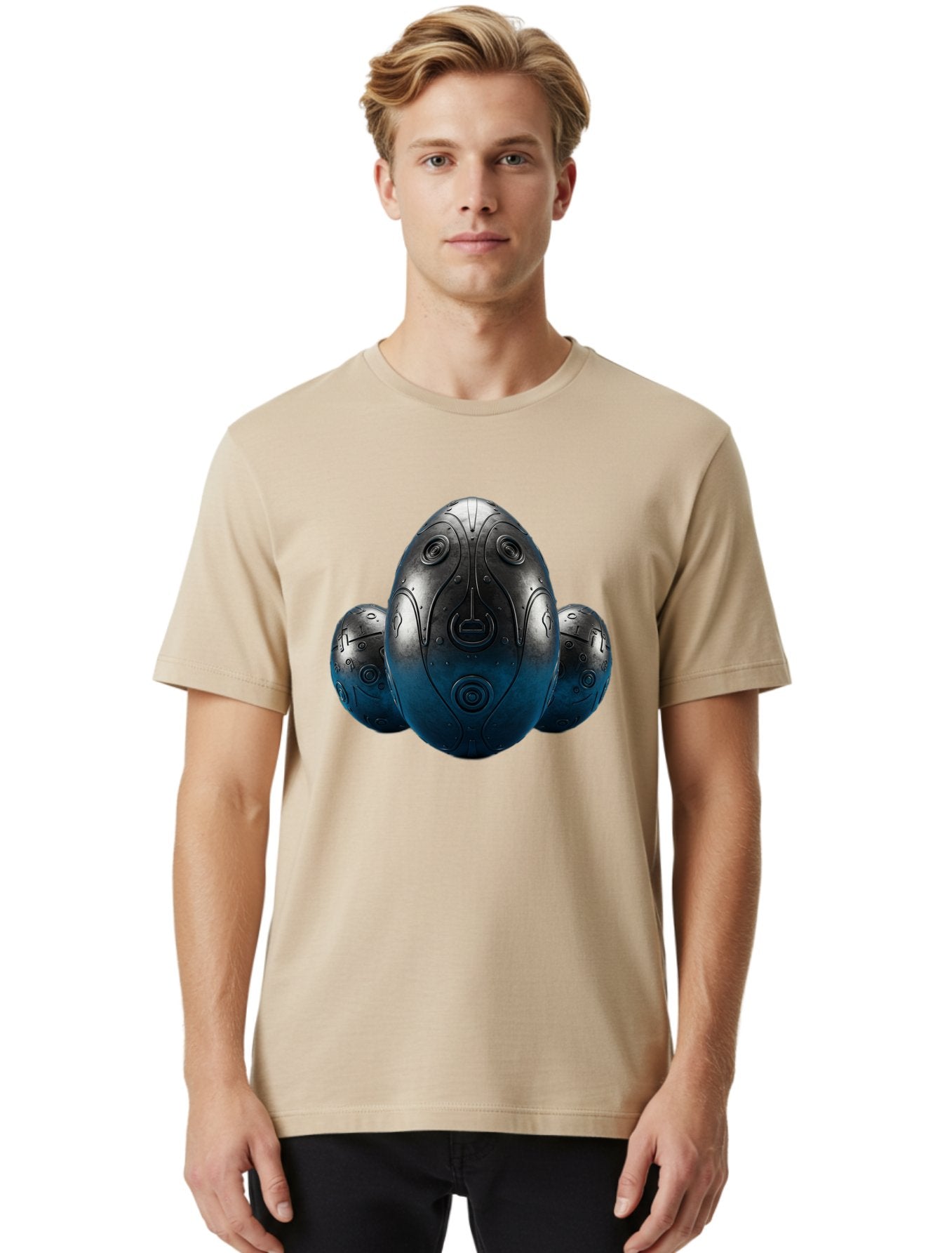 Three-Black-Eggs Men'S Graphic Tee, 100% Cotton, Comfortable Casual Summer Wear, Machine Washable, Futuristic Egg-Shaped Objects, Metallic Surface, Sci-Fi Elements, Egg Designs, Abstract Shapes, Digital Art, Robotic Features Bab531 16
