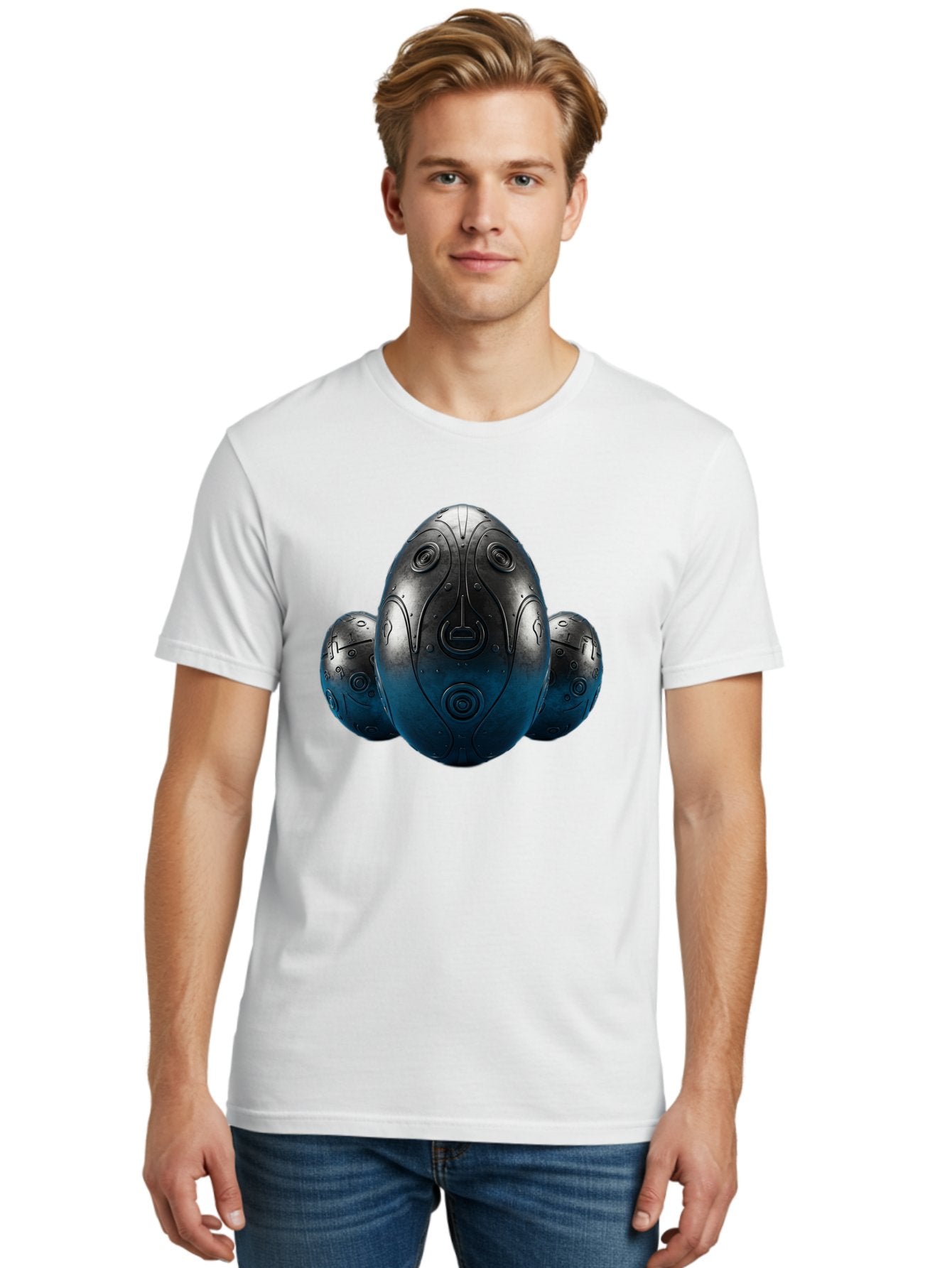 Three-Black-Eggs Men'S Graphic Tee, 100% Cotton, Comfortable Casual Summer Wear, Machine Washable, Futuristic Egg-Shaped Objects, Metallic Surface, Sci-Fi Elements, Egg Designs, Abstract Shapes, Digital Art, Robotic Features Bab531 29