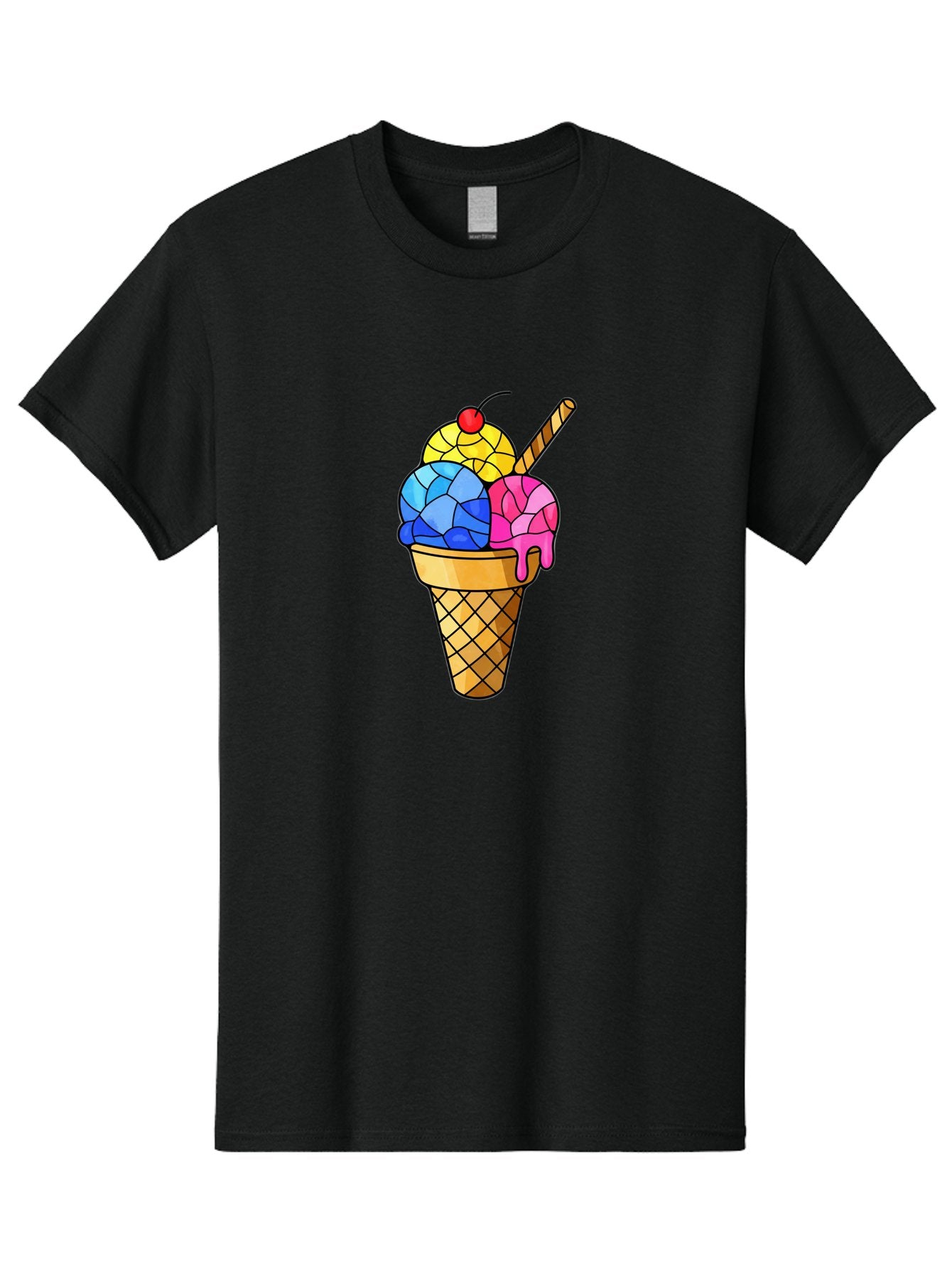 Three-Scoop-Ice-Cream Men'S Graphic Tee, 100% Cotton, Comfortable Casual Summer Wear, Machine Washable, Ice Cream Cone, Three Scoops, Colorful Dessert, Waffle Cone, Wafer Stick, Cherry On Top, Sweet Treat, Colorful Ice Cream Bab533 8