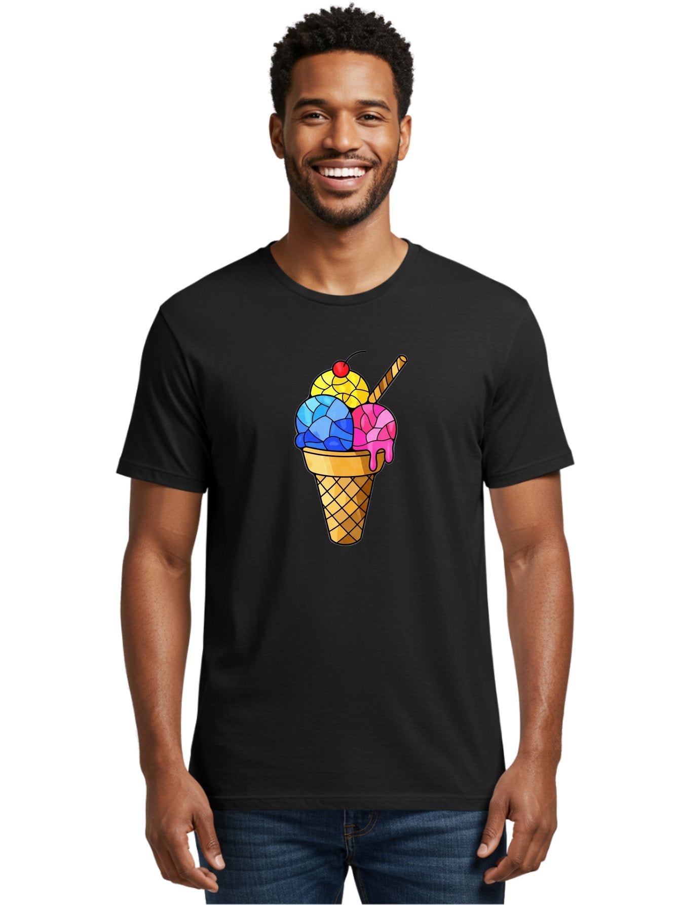 Three-Scoop-Ice-Cream Men'S Graphic Tee, 100% Cotton, Comfortable Casual Summer Wear, Machine Washable, Ice Cream Cone, Three Scoops, Colorful Dessert, Waffle Cone, Wafer Stick, Cherry On Top, Sweet Treat, Colorful Ice Cream Bab533 25