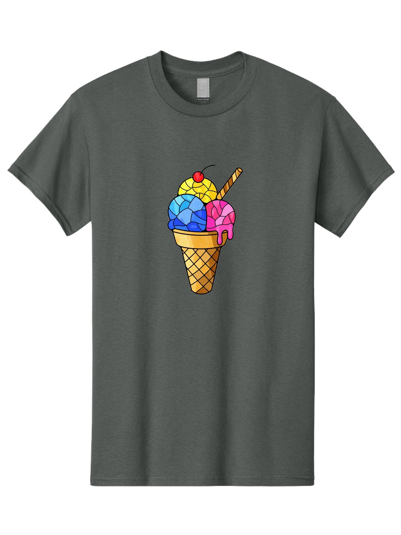 Three-Scoop-Ice-Cream Men'S Graphic Tee, 100% Cotton, Comfortable Casual Summer Wear, Machine Washable, Ice Cream Cone, Three Scoops, Colorful Dessert, Waffle Cone, Wafer Stick, Cherry On Top, Sweet Treat, Colorful Ice Cream Bab533 3