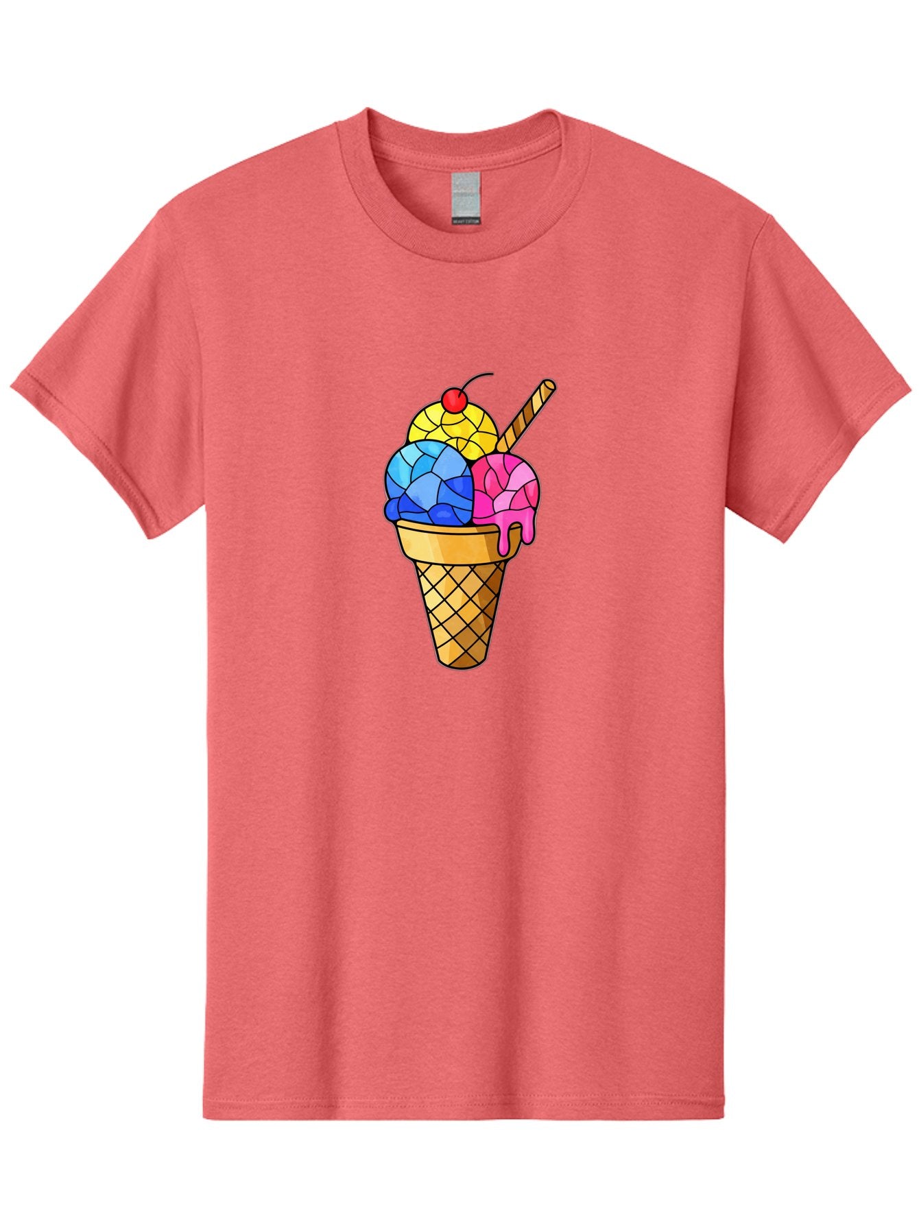 Three-Scoop-Ice-Cream Men'S Graphic Tee, 100% Cotton, Comfortable Casual Summer Wear, Machine Washable, Ice Cream Cone, Three Scoops, Colorful Dessert, Waffle Cone, Wafer Stick, Cherry On Top, Sweet Treat, Colorful Ice Cream Bab533 14