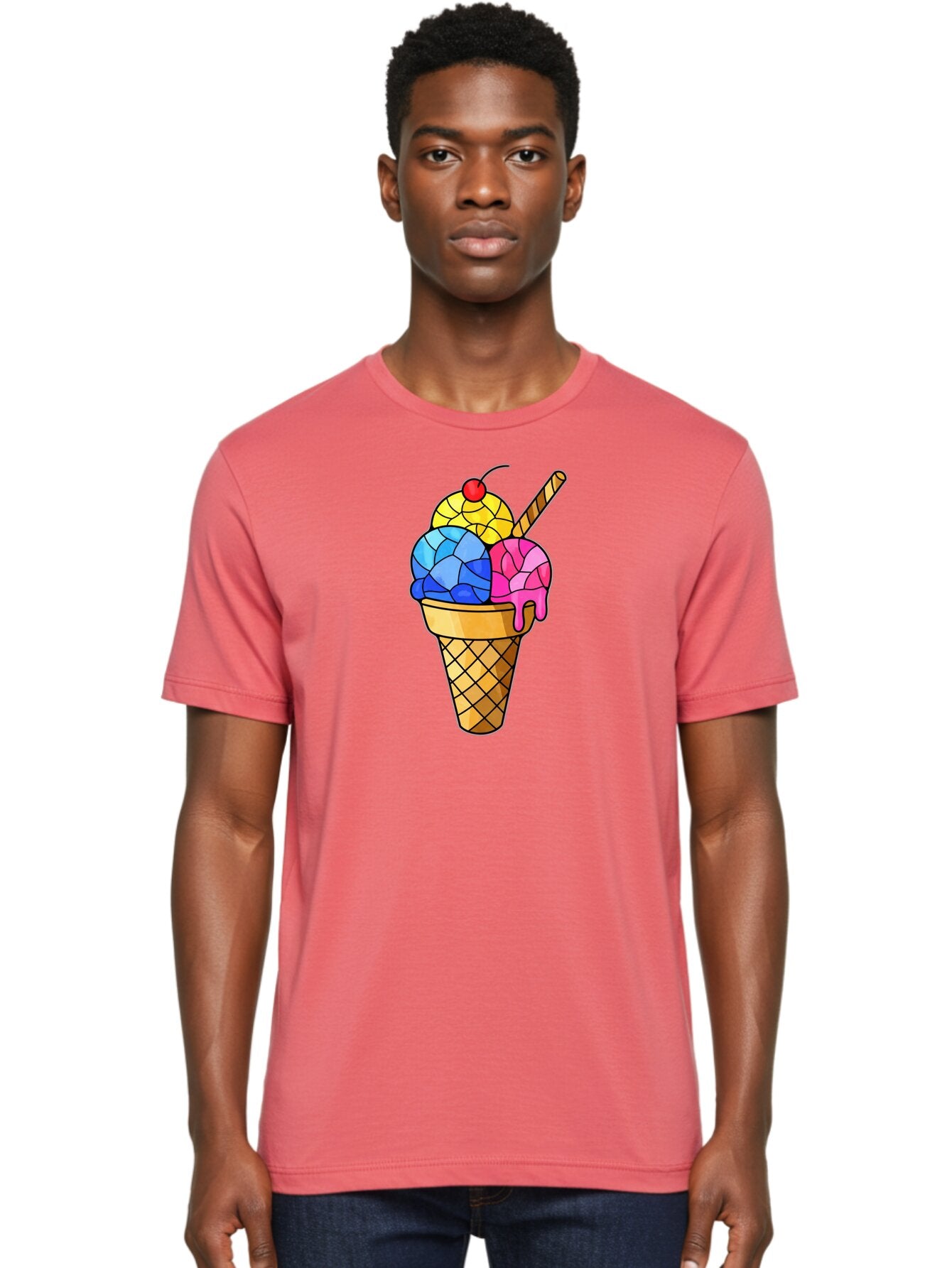 Three-Scoop-Ice-Cream Men'S Graphic Tee, 100% Cotton, Comfortable Casual Summer Wear, Machine Washable, Ice Cream Cone, Three Scoops, Colorful Dessert, Waffle Cone, Wafer Stick, Cherry On Top, Sweet Treat, Colorful Ice Cream Bab533 29