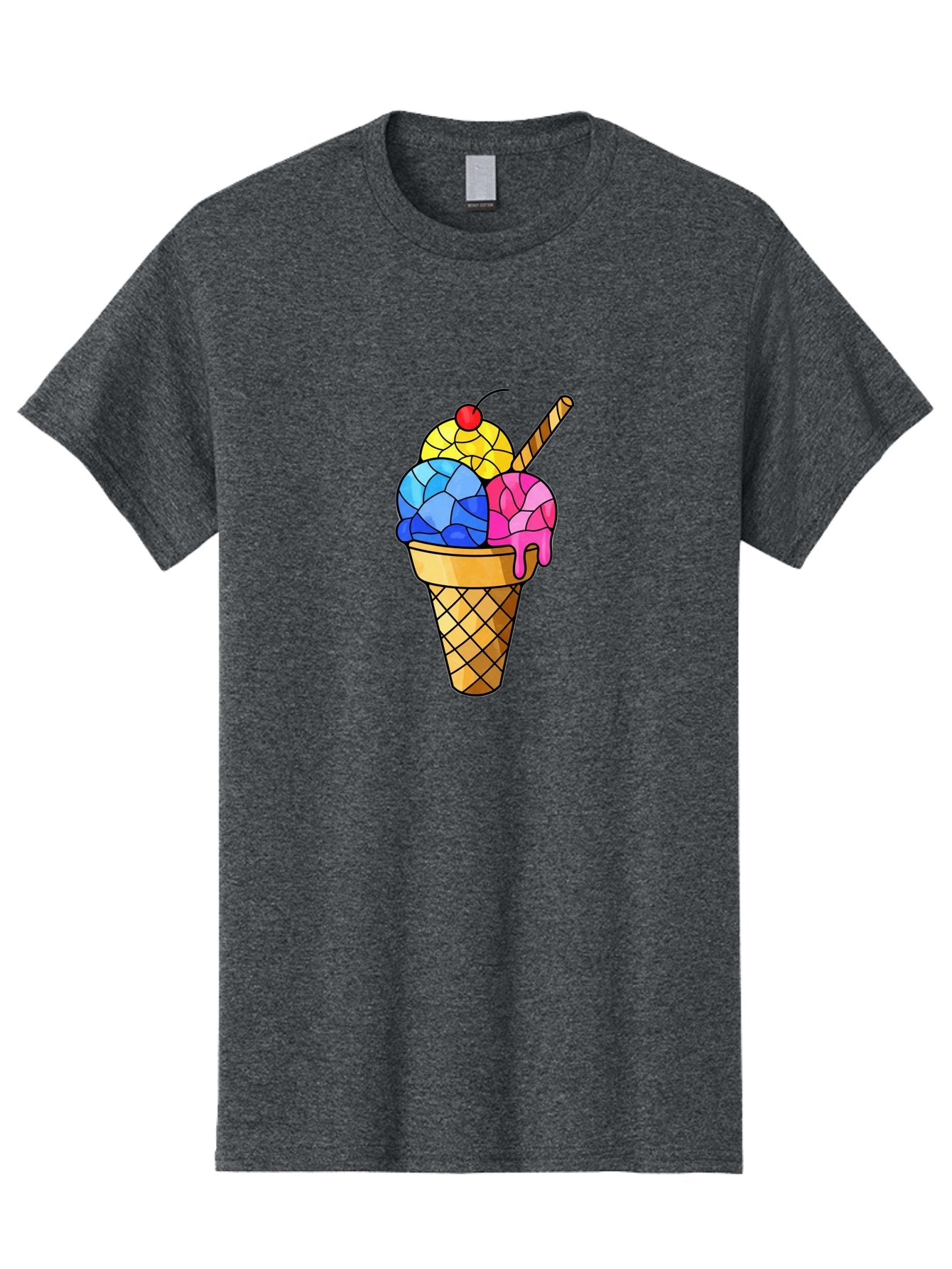 Three-Scoop-Ice-Cream Men'S Graphic Tee, 100% Cotton, Comfortable Casual Summer Wear, Machine Washable, Ice Cream Cone, Three Scoops, Colorful Dessert, Waffle Cone, Wafer Stick, Cherry On Top, Sweet Treat, Colorful Ice Cream Bab533 10