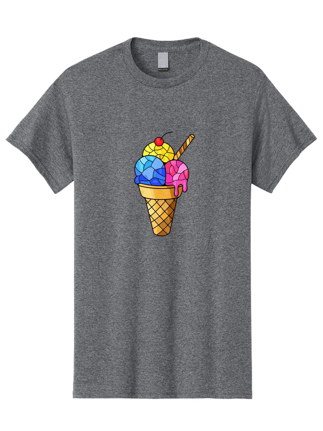 Three-Scoop-Ice-Cream Men'S Graphic Tee, 100% Cotton, Comfortable Casual Summer Wear, Machine Washable, Ice Cream Cone, Three Scoops, Colorful Dessert, Waffle Cone, Wafer Stick, Cherry On Top, Sweet Treat, Colorful Ice Cream Bab533 6