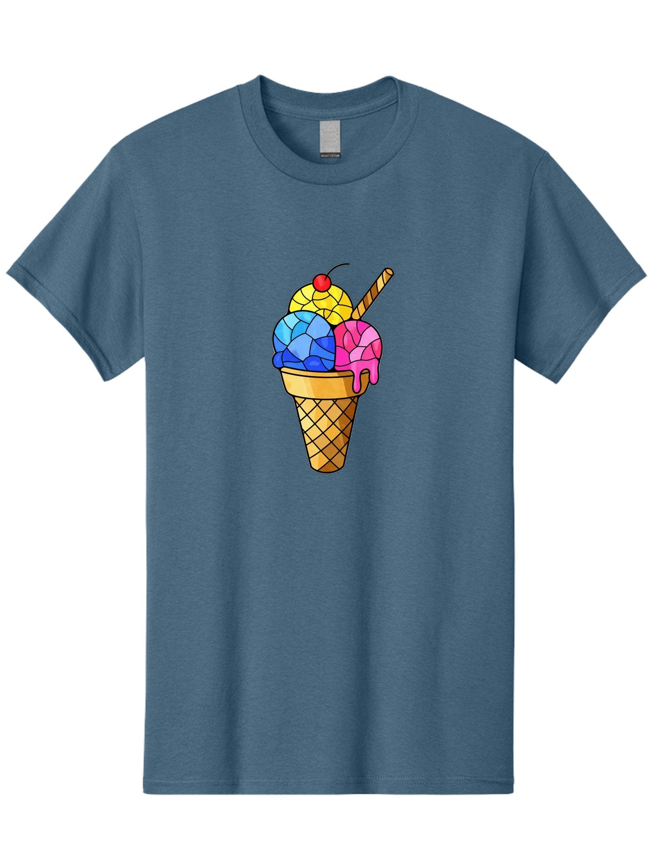 Three-Scoop-Ice-Cream Men'S Graphic Tee, 100% Cotton, Comfortable Casual Summer Wear, Machine Washable, Ice Cream Cone, Three Scoops, Colorful Dessert, Waffle Cone, Wafer Stick, Cherry On Top, Sweet Treat, Colorful Ice Cream Bab533 4