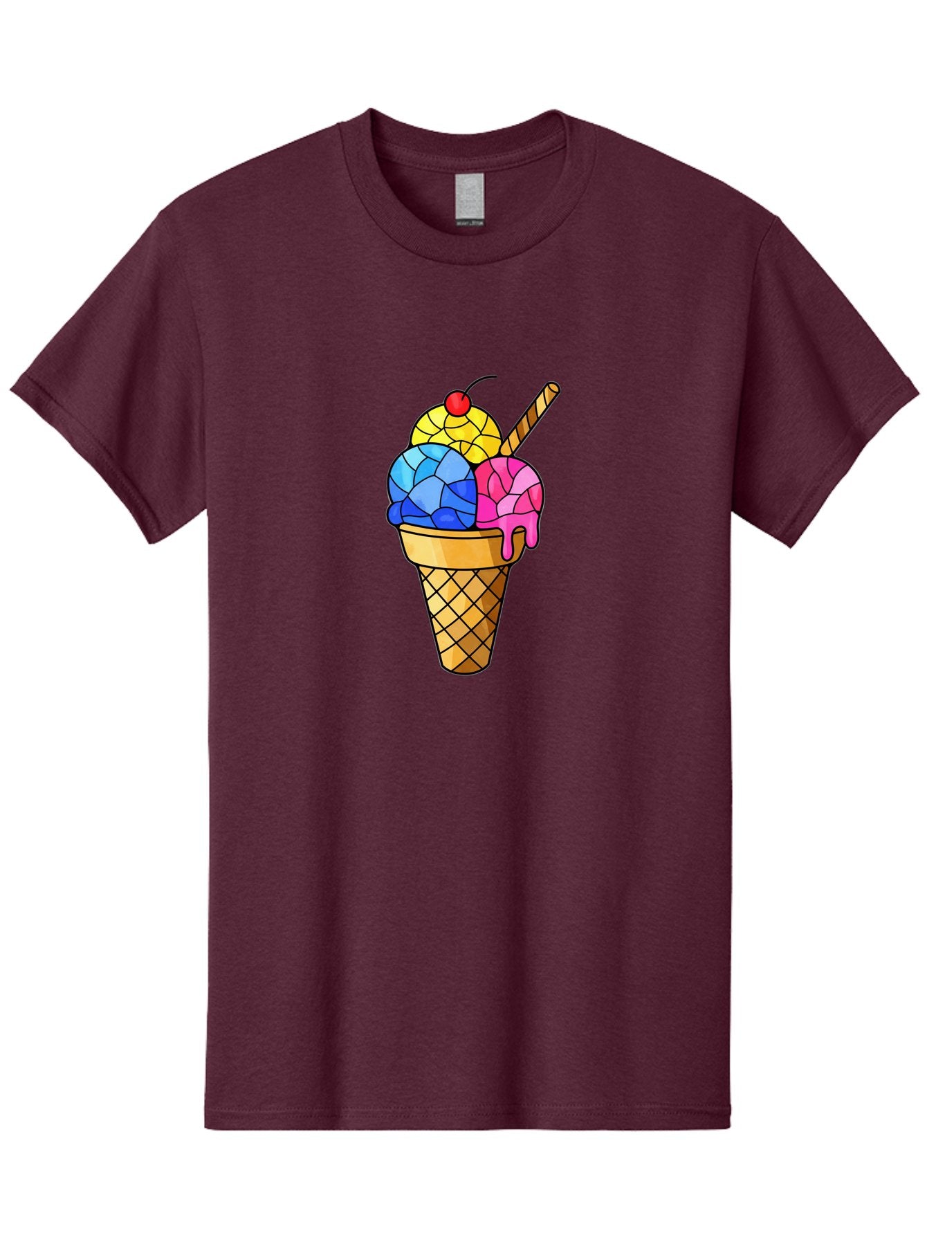 Three-Scoop-Ice-Cream Men'S Graphic Tee, 100% Cotton, Comfortable Casual Summer Wear, Machine Washable, Ice Cream Cone, Three Scoops, Colorful Dessert, Waffle Cone, Wafer Stick, Cherry On Top, Sweet Treat, Colorful Ice Cream Bab533 13