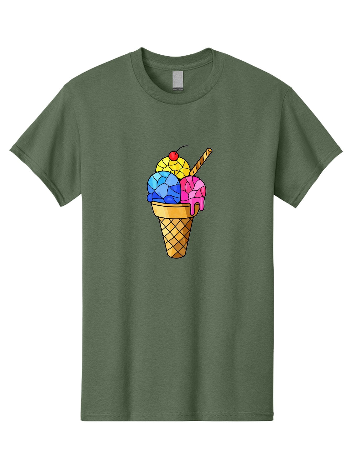 Three-Scoop-Ice-Cream Men'S Graphic Tee, 100% Cotton, Comfortable Casual Summer Wear, Machine Washable, Ice Cream Cone, Three Scoops, Colorful Dessert, Waffle Cone, Wafer Stick, Cherry On Top, Sweet Treat, Colorful Ice Cream Bab533