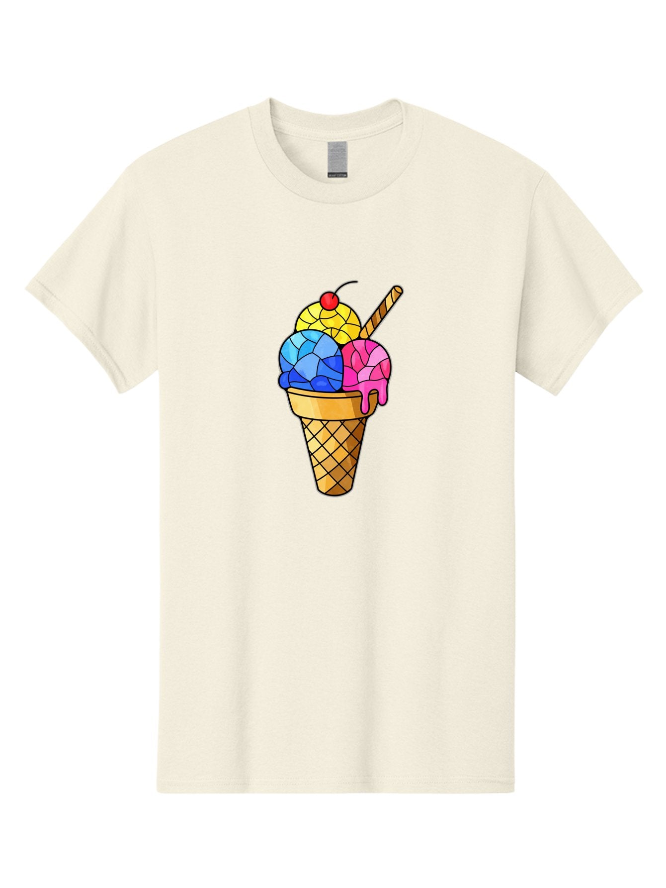Three-Scoop-Ice-Cream Men'S Graphic Tee, 100% Cotton, Comfortable Casual Summer Wear, Machine Washable, Ice Cream Cone, Three Scoops, Colorful Dessert, Waffle Cone, Wafer Stick, Cherry On Top, Sweet Treat, Colorful Ice Cream Bab533