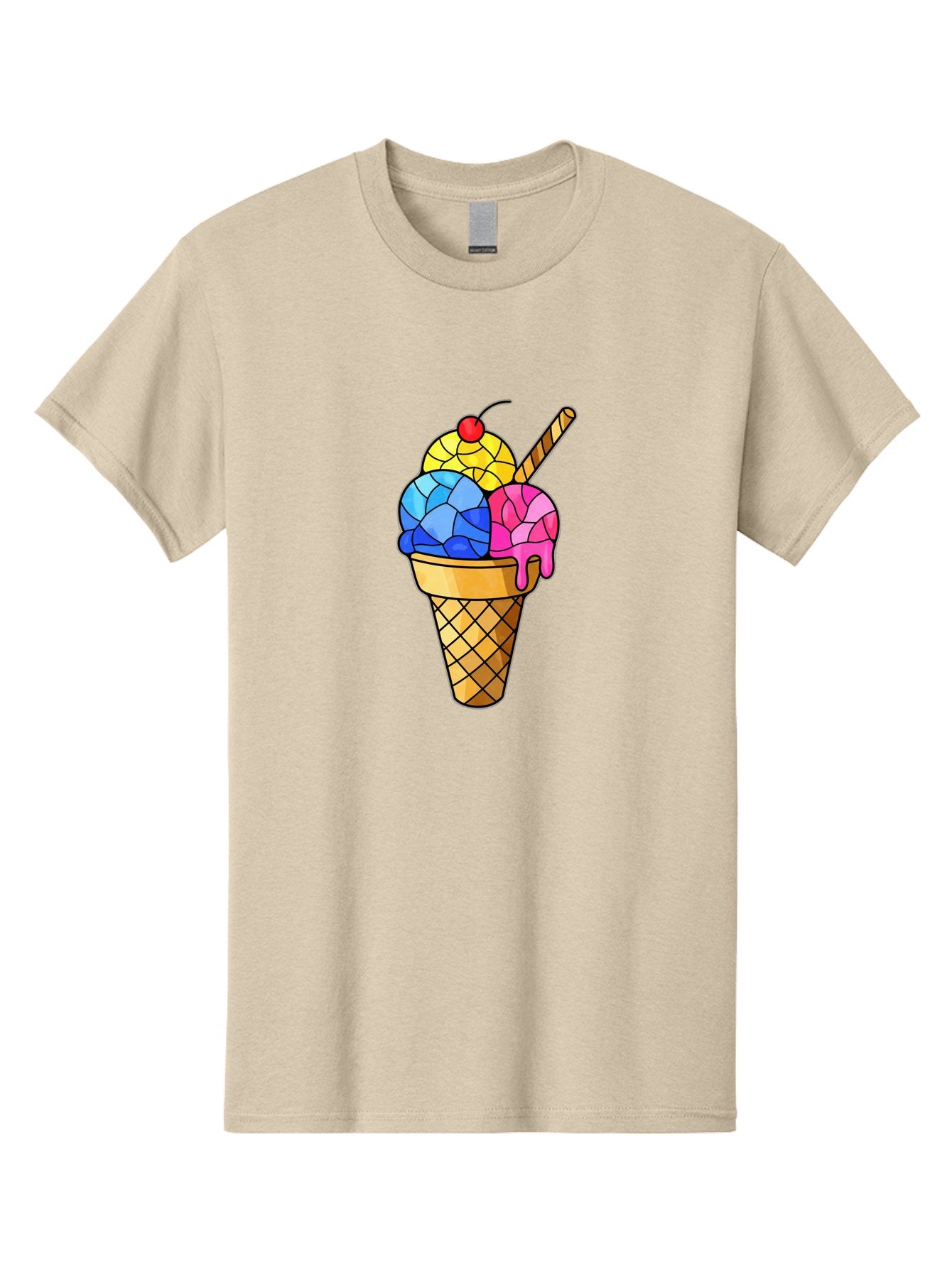 Three-Scoop-Ice-Cream Men'S Graphic Tee, 100% Cotton, Comfortable Casual Summer Wear, Machine Washable, Ice Cream Cone, Three Scoops, Colorful Dessert, Waffle Cone, Wafer Stick, Cherry On Top, Sweet Treat, Colorful Ice Cream Bab533 9