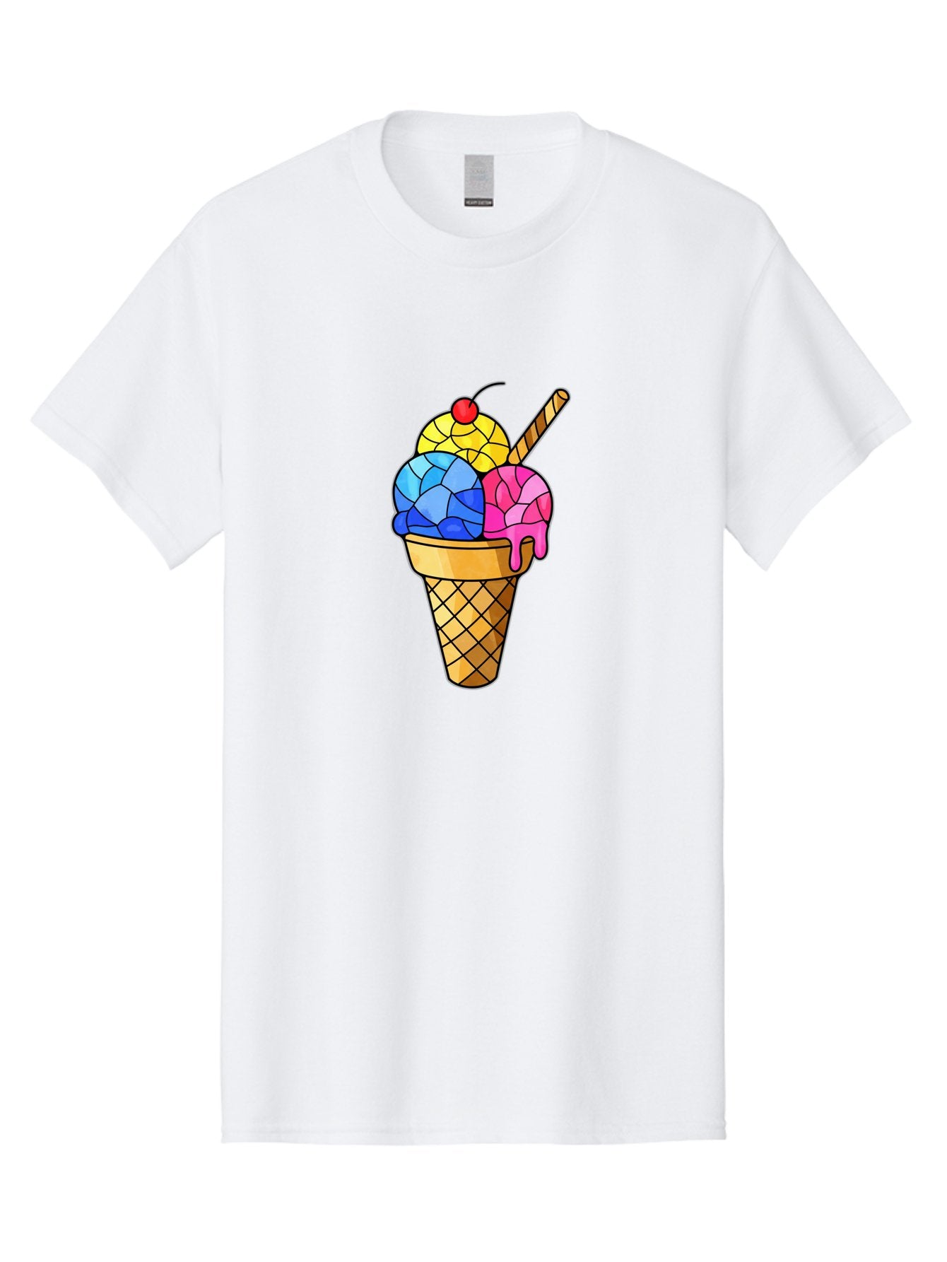 Three-Scoop-Ice-Cream Men'S Graphic Tee, 100% Cotton, Comfortable Casual Summer Wear, Machine Washable, Ice Cream Cone, Three Scoops, Colorful Dessert, Waffle Cone, Wafer Stick, Cherry On Top, Sweet Treat, Colorful Ice Cream Bab533 5
