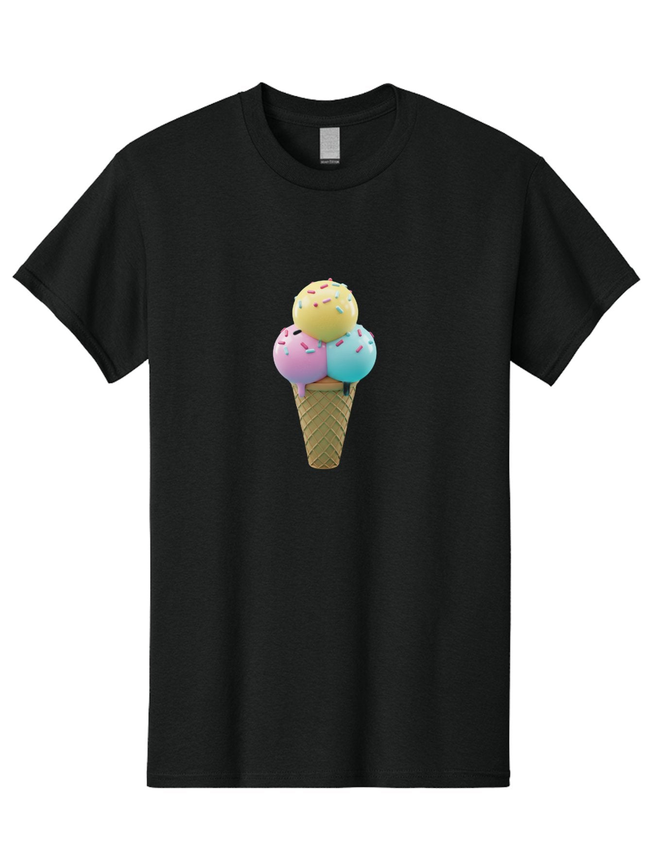 Three-Scoops-Ice-Cream-1 Men'S Graphic Tee, 100% Cotton, Comfortable Casual Summer Wear, Machine Washable, Ice Cream Cone, Three Scoops, Colorful Sprinkles, Yellow, Pink, Blue Ice Cream, Sweet Treats, Dessert, Colorful Dessert Bab534 8