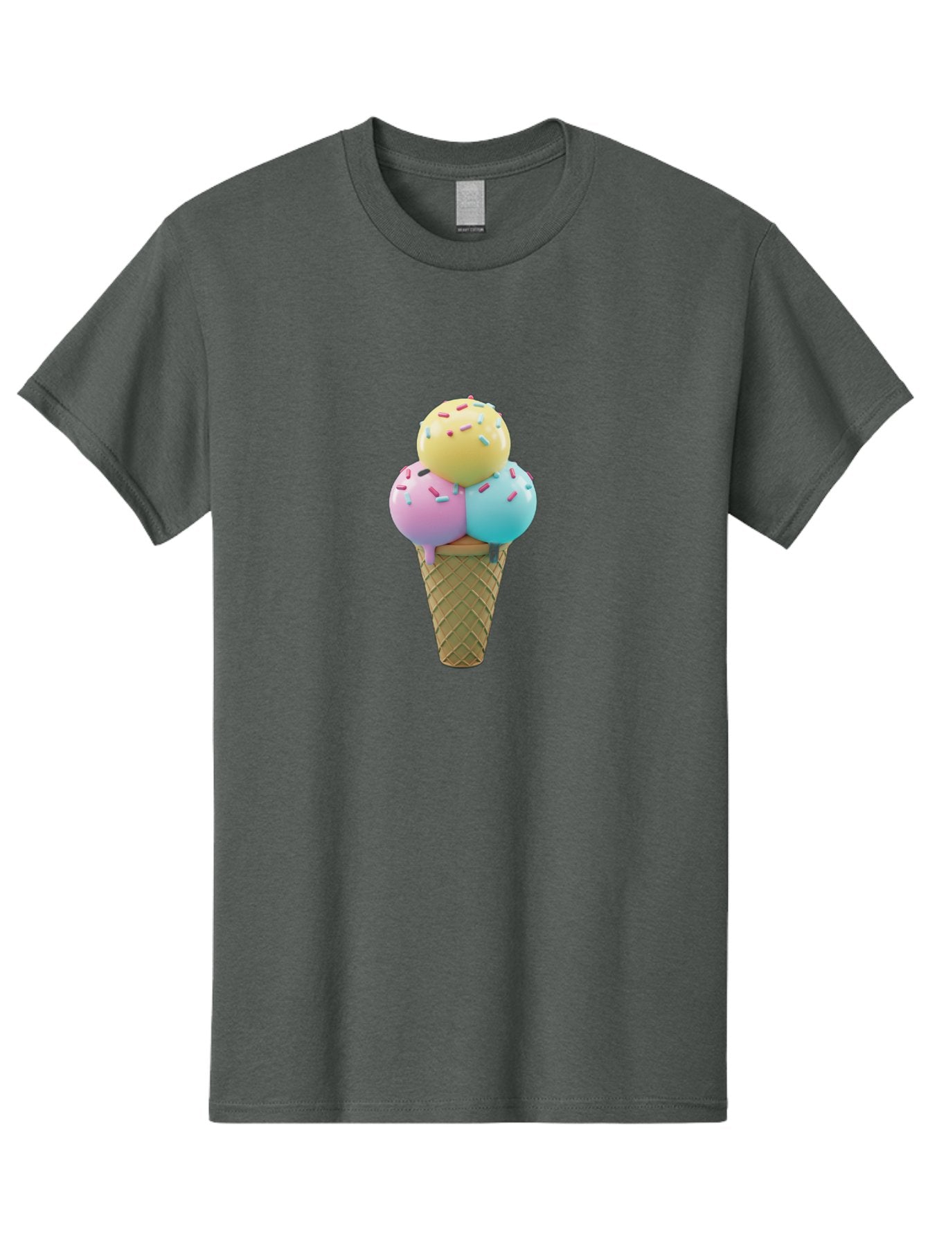 Three-Scoops-Ice-Cream-1 Men'S Graphic Tee, 100% Cotton, Comfortable Casual Summer Wear, Machine Washable, Ice Cream Cone, Three Scoops, Colorful Sprinkles, Yellow, Pink, Blue Ice Cream, Sweet Treats, Dessert, Colorful Dessert Bab534 15
