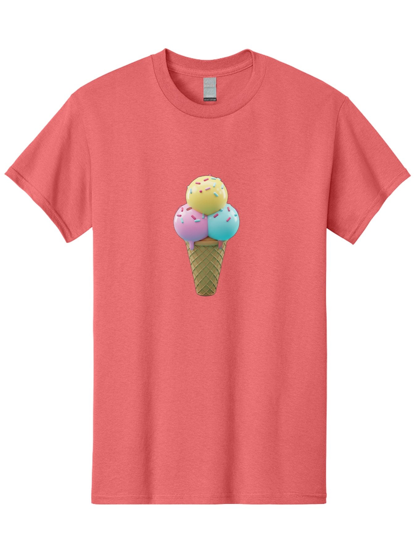 Three-Scoops-Ice-Cream-1 Men'S Graphic Tee, 100% Cotton, Comfortable Casual Summer Wear, Machine Washable, Ice Cream Cone, Three Scoops, Colorful Sprinkles, Yellow, Pink, Blue Ice Cream, Sweet Treats, Dessert, Colorful Dessert Bab534 12