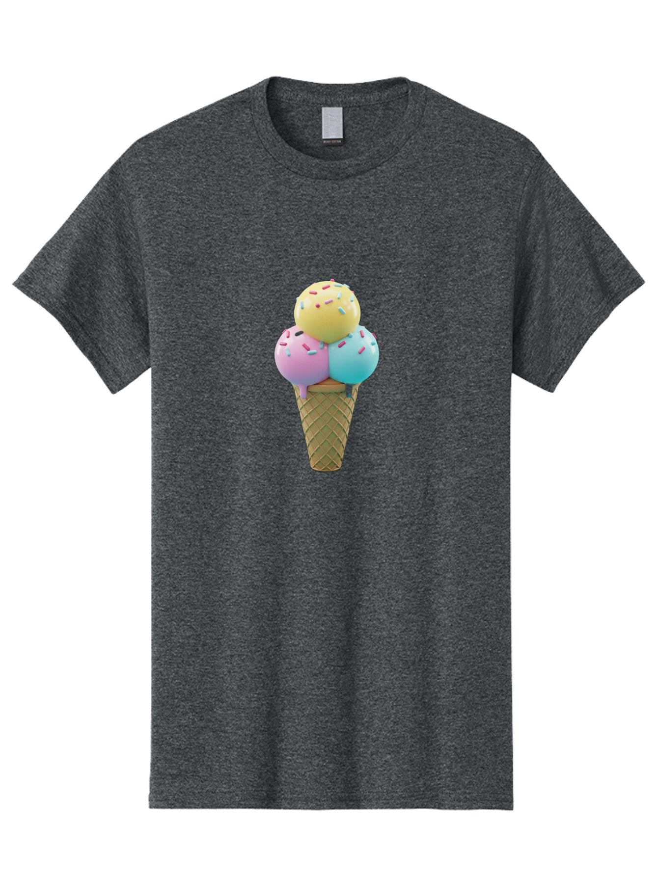 Three-Scoops-Ice-Cream-1 Men'S Graphic Tee, 100% Cotton, Comfortable Casual Summer Wear, Machine Washable, Ice Cream Cone, Three Scoops, Colorful Sprinkles, Yellow, Pink, Blue Ice Cream, Sweet Treats, Dessert, Colorful Dessert Bab534 9