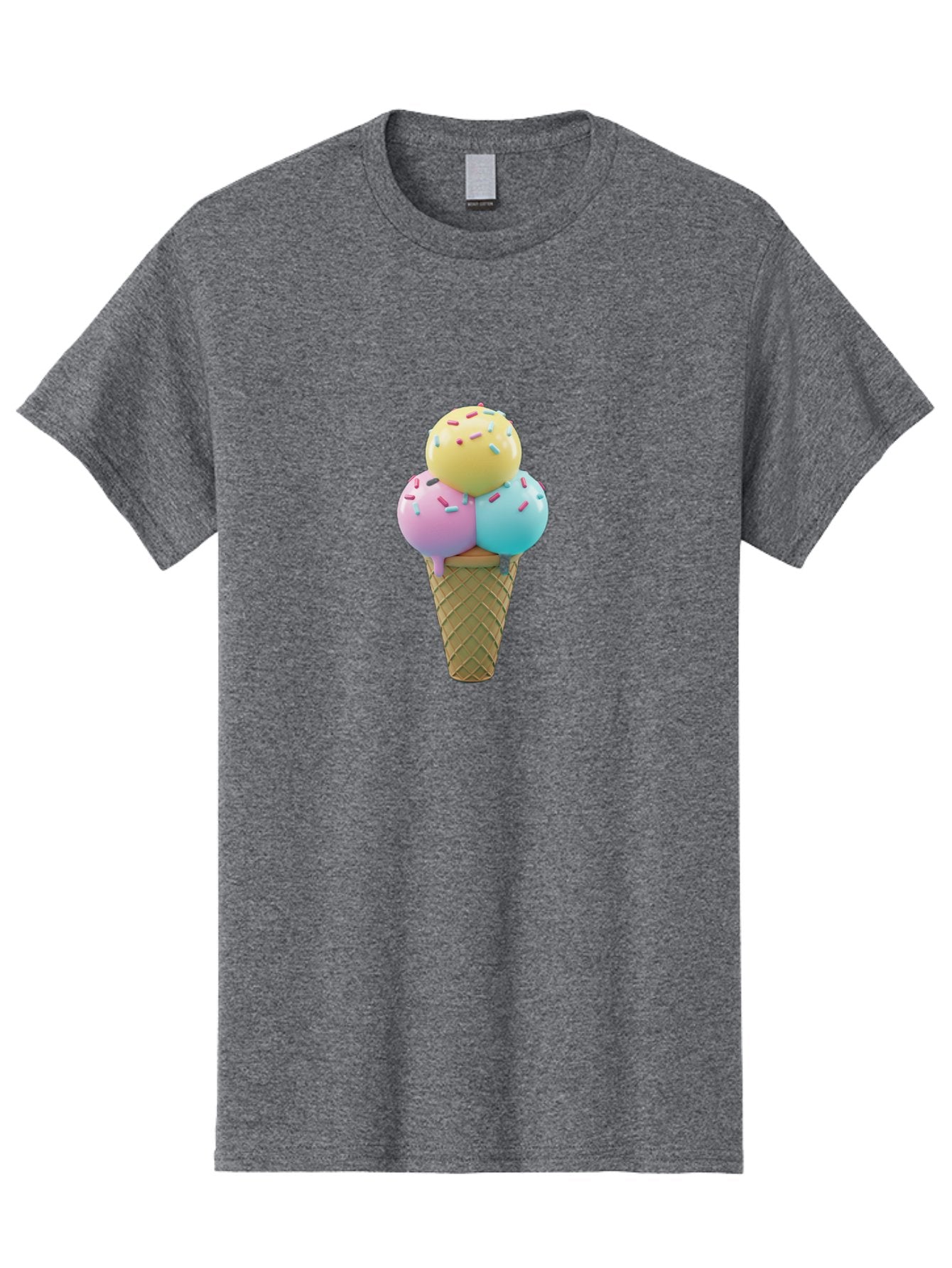 Three-Scoops-Ice-Cream-1 Men'S Graphic Tee, 100% Cotton, Comfortable Casual Summer Wear, Machine Washable, Ice Cream Cone, Three Scoops, Colorful Sprinkles, Yellow, Pink, Blue Ice Cream, Sweet Treats, Dessert, Colorful Dessert Bab534