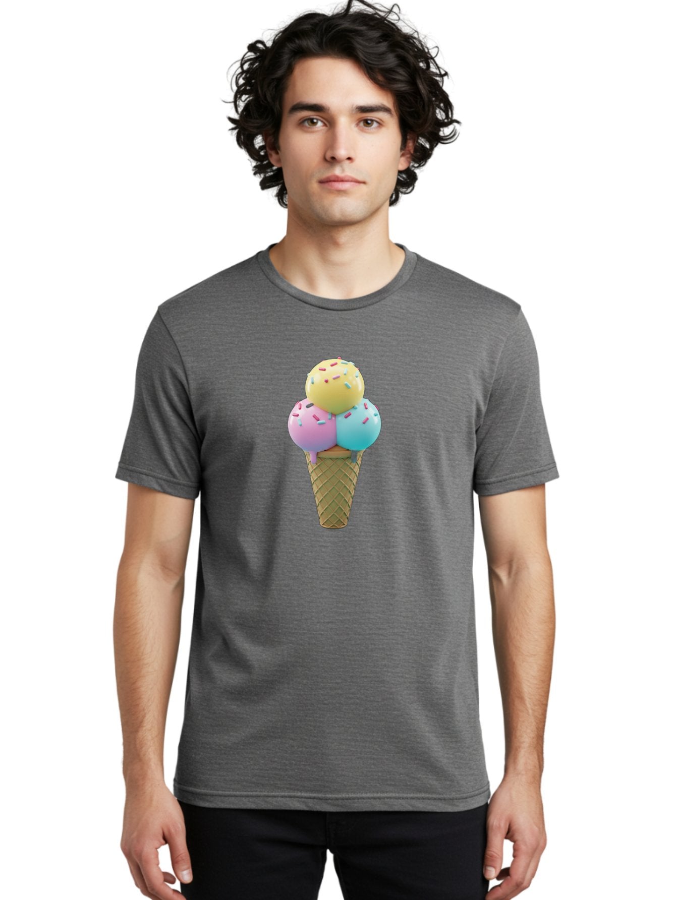 Three-Scoops-Ice-Cream-1 Men'S Graphic Tee, 100% Cotton, Comfortable Casual Summer Wear, Machine Washable, Ice Cream Cone, Three Scoops, Colorful Sprinkles, Yellow, Pink, Blue Ice Cream, Sweet Treats, Dessert, Colorful Dessert Bab534 19