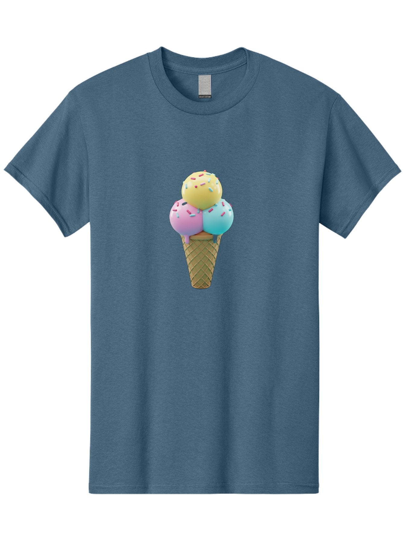 Three-Scoops-Ice-Cream-1 Men'S Graphic Tee, 100% Cotton, Comfortable Casual Summer Wear, Machine Washable, Ice Cream Cone, Three Scoops, Colorful Sprinkles, Yellow, Pink, Blue Ice Cream, Sweet Treats, Dessert, Colorful Dessert Bab534