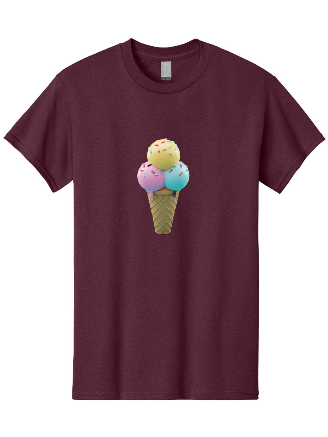 Three-Scoops-Ice-Cream-1 Men'S Graphic Tee, 100% Cotton, Comfortable Casual Summer Wear, Machine Washable, Ice Cream Cone, Three Scoops, Colorful Sprinkles, Yellow, Pink, Blue Ice Cream, Sweet Treats, Dessert, Colorful Dessert Bab534 14
