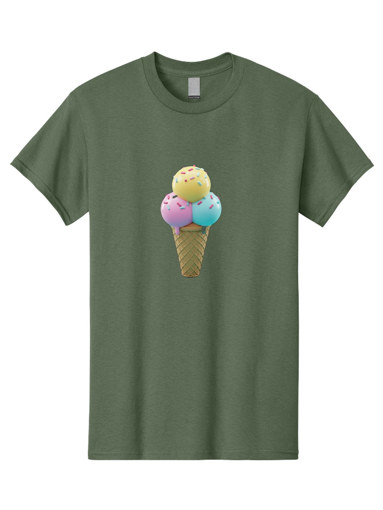 Three-Scoops-Ice-Cream-1 Men'S Graphic Tee, 100% Cotton, Comfortable Casual Summer Wear, Machine Washable, Ice Cream Cone, Three Scoops, Colorful Sprinkles, Yellow, Pink, Blue Ice Cream, Sweet Treats, Dessert, Colorful Dessert Bab534 4