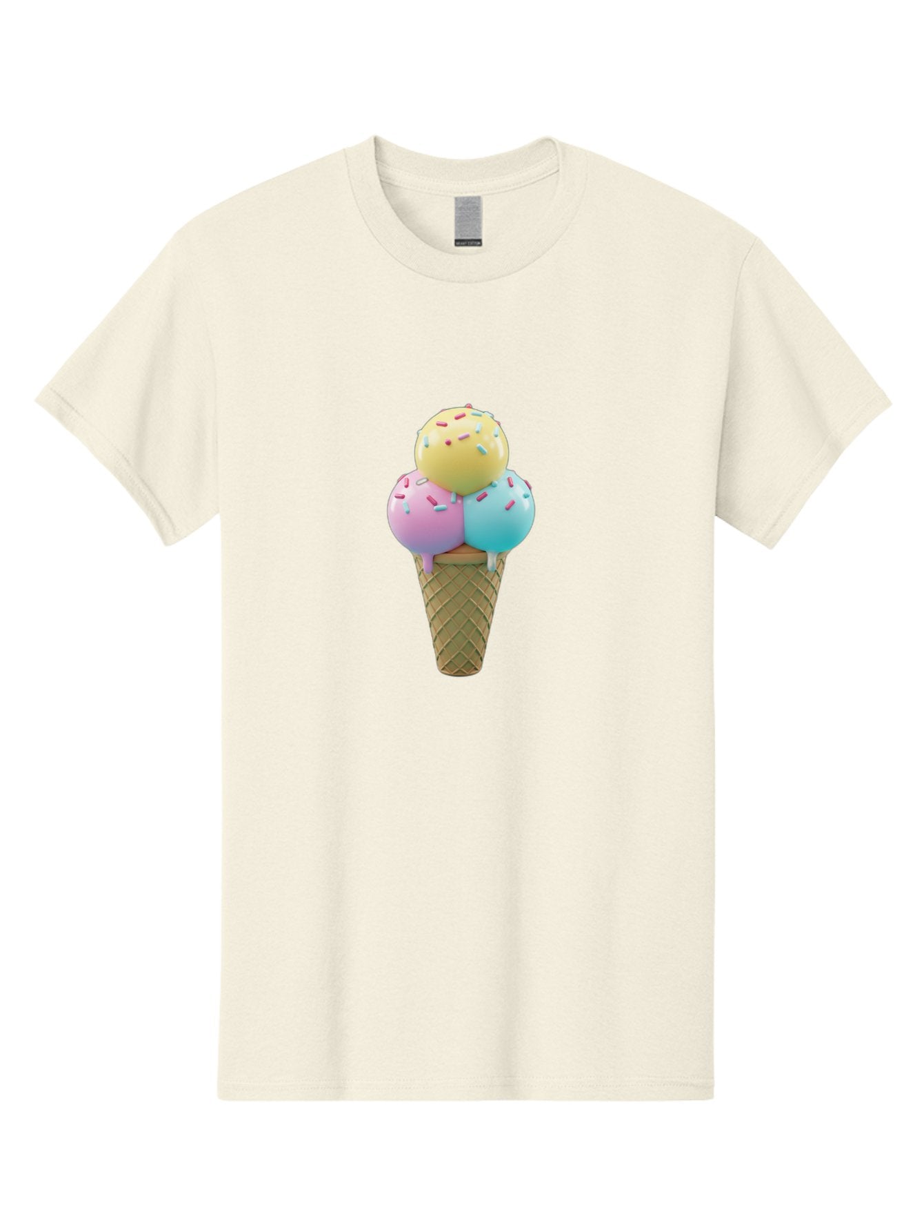 Three-Scoops-Ice-Cream-1 Men'S Graphic Tee, 100% Cotton, Comfortable Casual Summer Wear, Machine Washable, Ice Cream Cone, Three Scoops, Colorful Sprinkles, Yellow, Pink, Blue Ice Cream, Sweet Treats, Dessert, Colorful Dessert Bab534 11