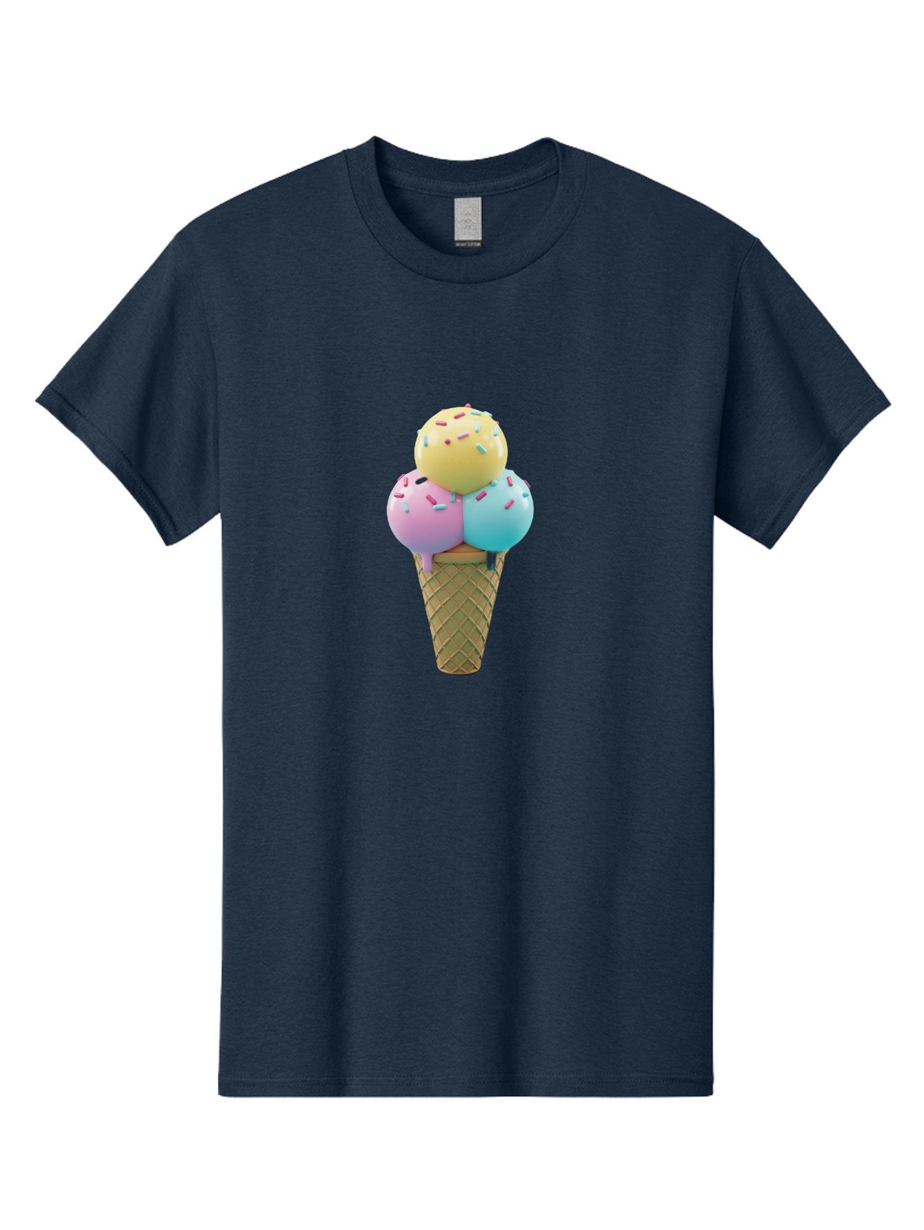 Three-Scoops-Ice-Cream-1 Men'S Graphic Tee, 100% Cotton, Comfortable Casual Summer Wear, Machine Washable, Ice Cream Cone, Three Scoops, Colorful Sprinkles, Yellow, Pink, Blue Ice Cream, Sweet Treats, Dessert, Colorful Dessert Bab534 3
