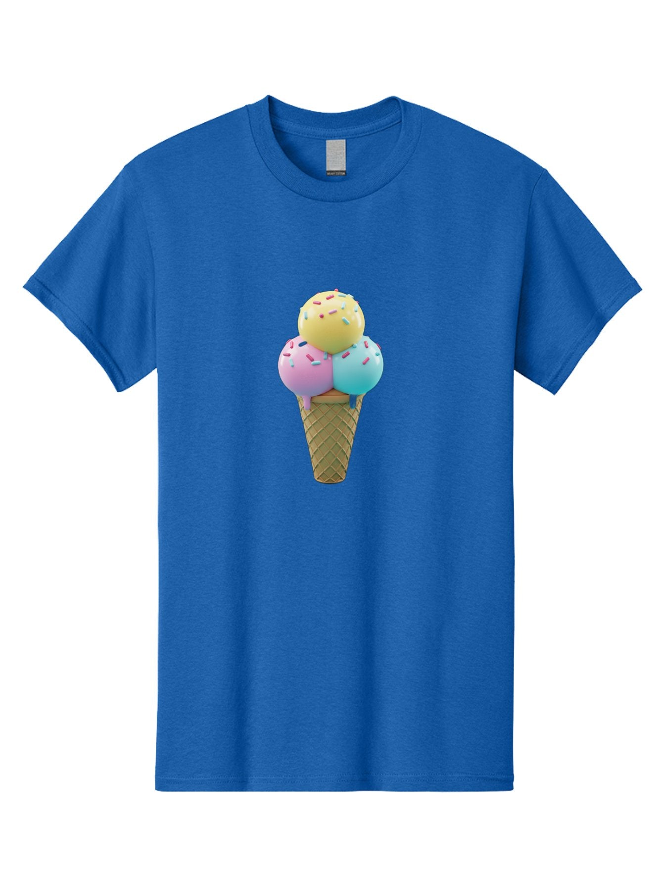 Three-Scoops-Ice-Cream-1 Men'S Graphic Tee, 100% Cotton, Comfortable Casual Summer Wear, Machine Washable, Ice Cream Cone, Three Scoops, Colorful Sprinkles, Yellow, Pink, Blue Ice Cream, Sweet Treats, Dessert, Colorful Dessert Bab534 6