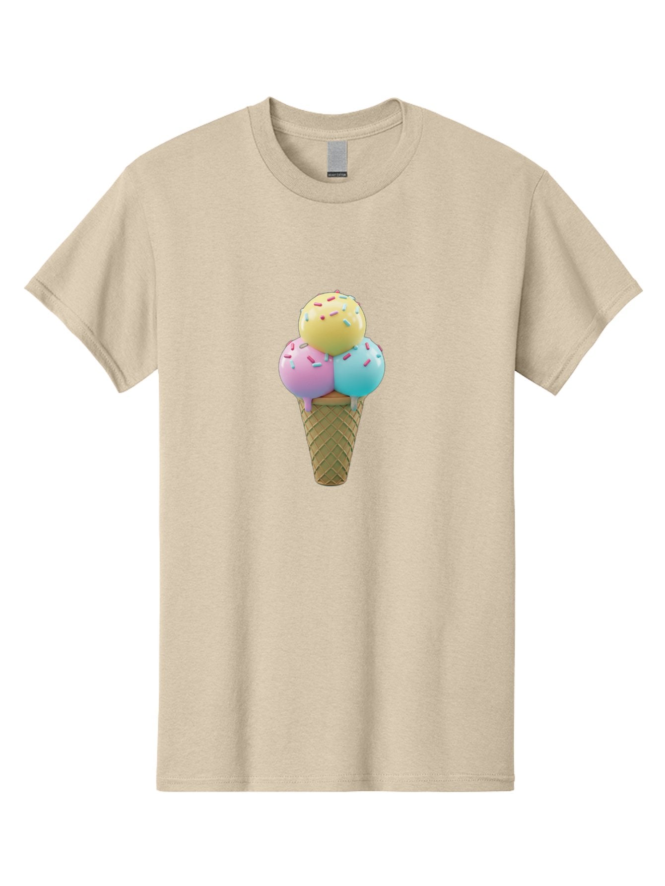 Three-Scoops-Ice-Cream-1 Men'S Graphic Tee, 100% Cotton, Comfortable Casual Summer Wear, Machine Washable, Ice Cream Cone, Three Scoops, Colorful Sprinkles, Yellow, Pink, Blue Ice Cream, Sweet Treats, Dessert, Colorful Dessert Bab534 5
