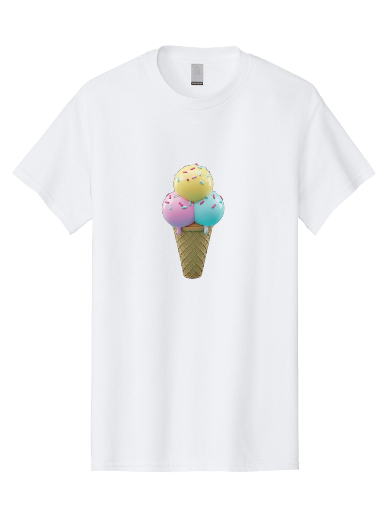 Three-Scoops-Ice-Cream-1 Men'S Graphic Tee, 100% Cotton, Comfortable Casual Summer Wear, Machine Washable, Ice Cream Cone, Three Scoops, Colorful Sprinkles, Yellow, Pink, Blue Ice Cream, Sweet Treats, Dessert, Colorful Dessert Bab534 13
