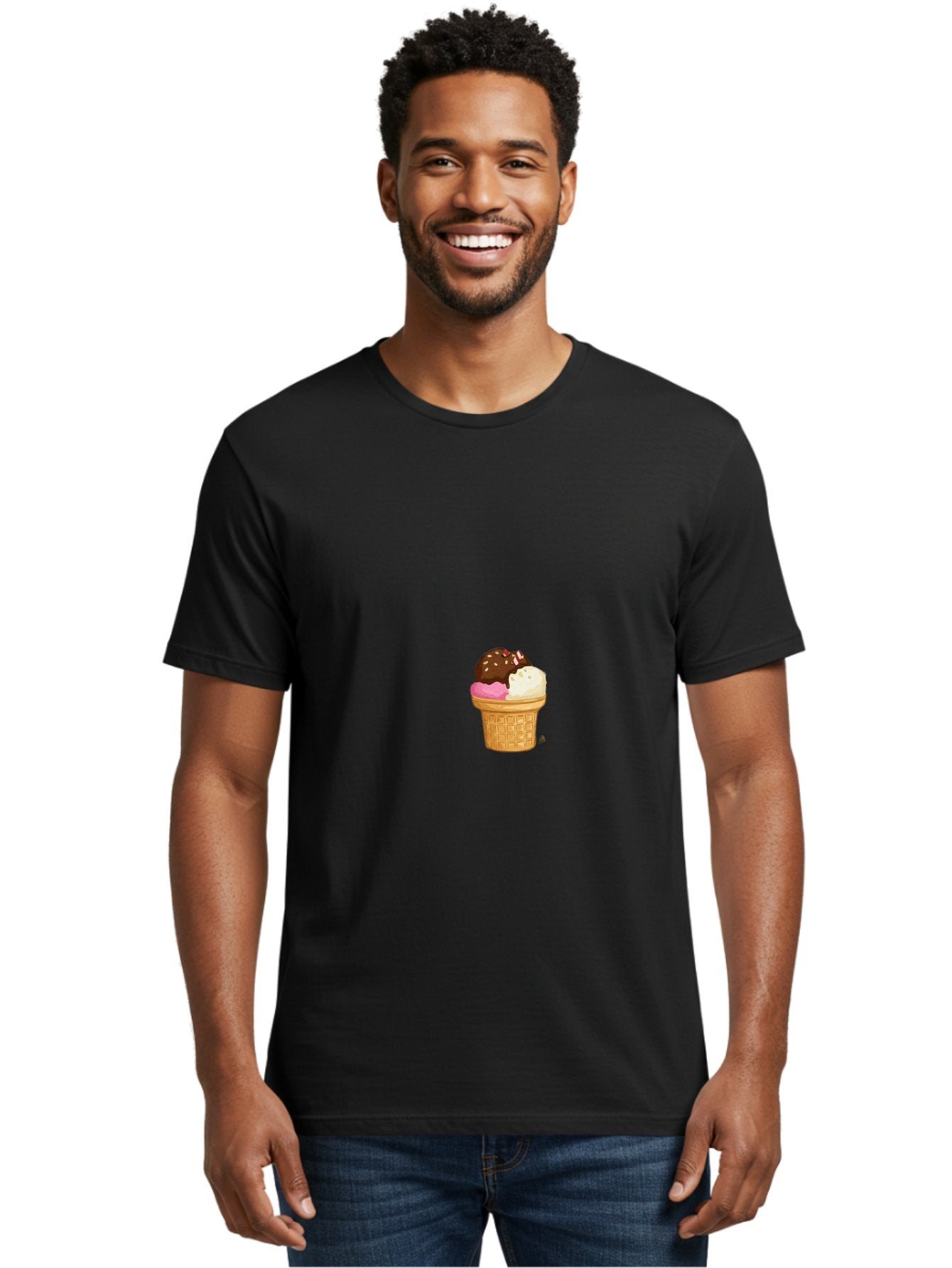 Three-Scoops-Ice-Cream Men'S Graphic Tee, 100% Cotton, Comfortable Casual Summer Wear, Machine Washable, Triple Scoop Ice Cream, Chocolate Ice Cream, Strawberry Ice Cream, Vanilla Ice Cream, Ice Cream Cone, Sweet Treats, Dessert, Bab535 16
